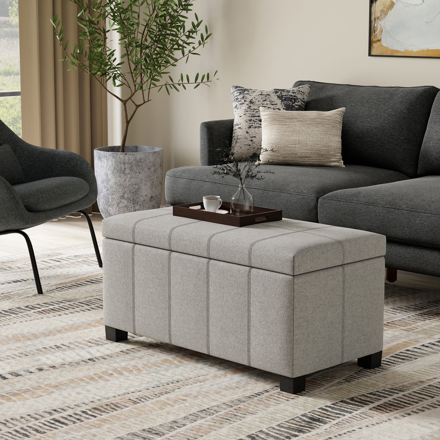 Cloud Grey Linen Style Fabric | Dover Storage Ottoman in Linen