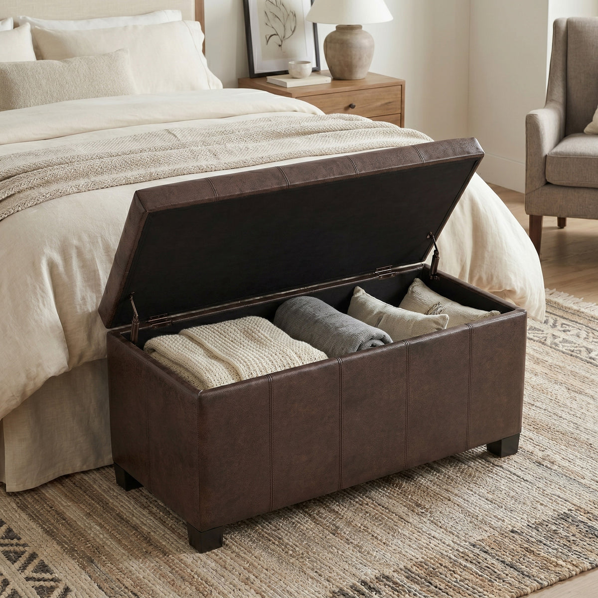 Distressed Brown Distressed Vegan Leather | Dover Storage Ottoman in Distressed Vegan Leather