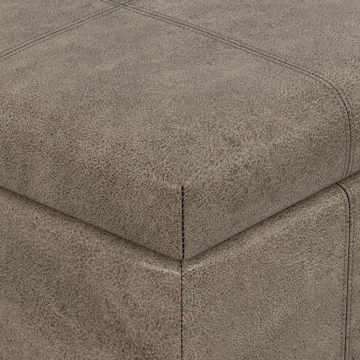 Distressed Smoky Grey Brown Distressed Vegan Leather | Dover Storage Ottoman in Distressed Vegan Leather