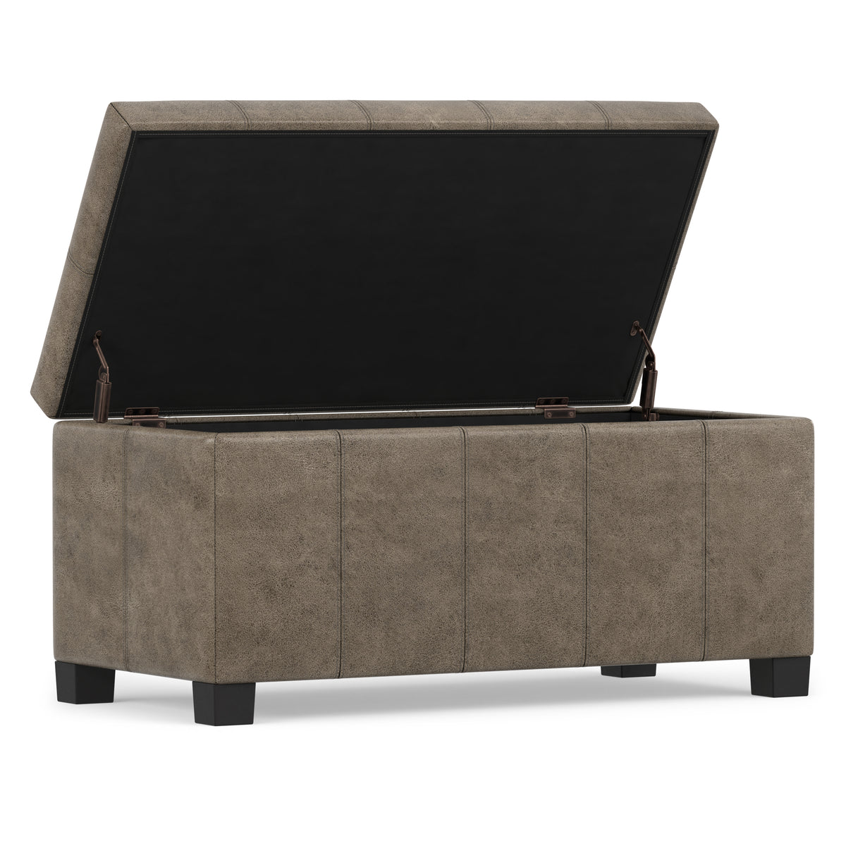 Distressed Smoky Grey Brown Distressed Vegan Leather | Dover Storage Ottoman in Distressed Vegan Leather