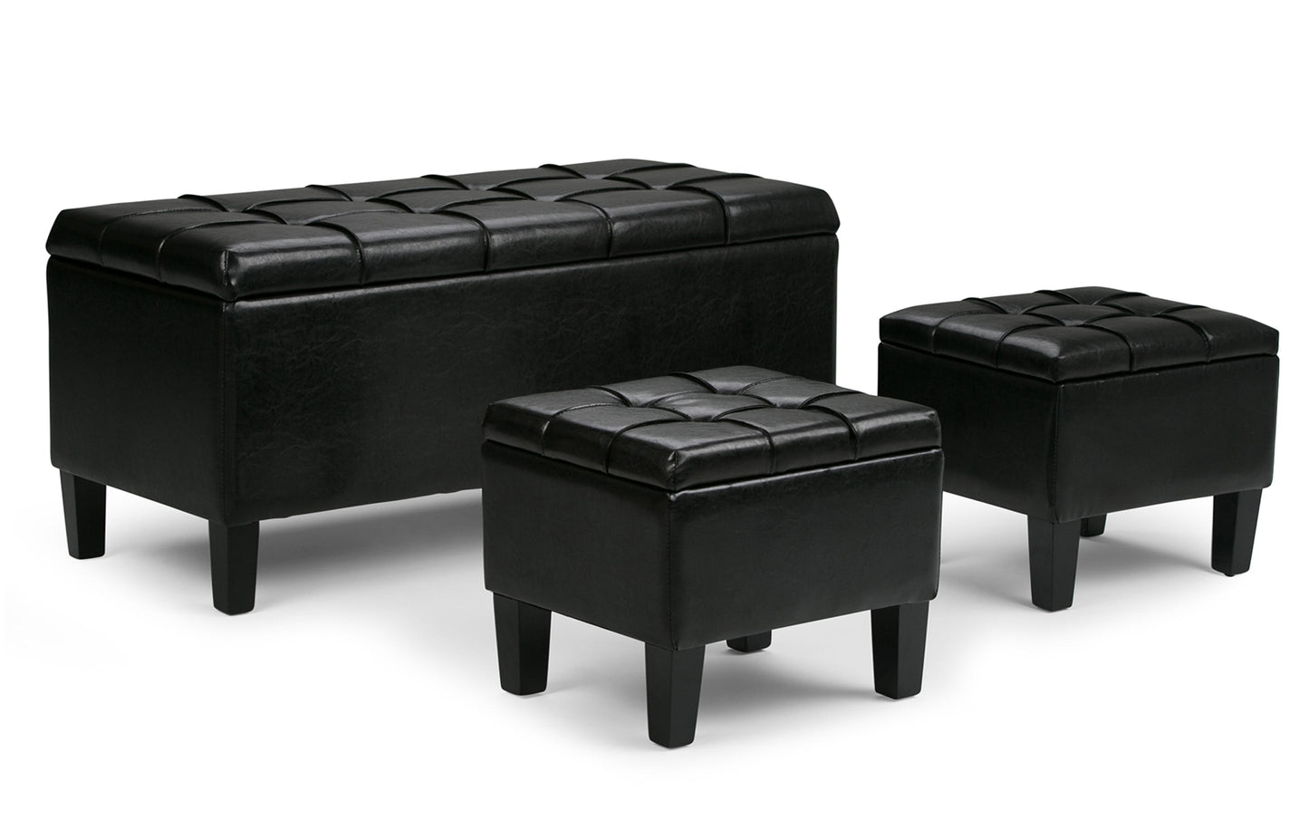 Midnight Black Vegan Leather | Dover 3 piece Vegan Leather Storage Ottoman