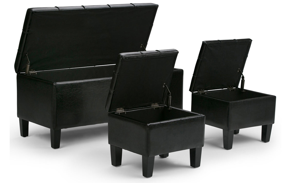 Midnight Black Vegan Leather | Dover 3 piece Vegan Leather Storage Ottoman