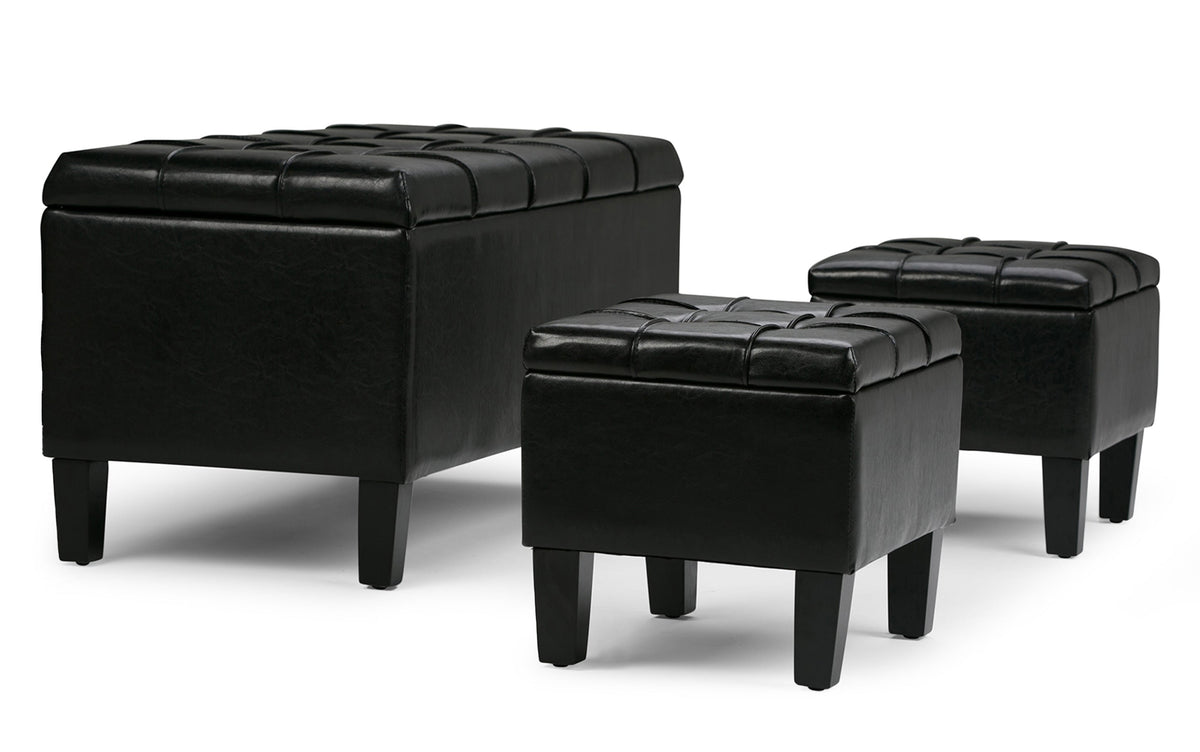 Midnight Black Vegan Leather | Dover 3 piece Vegan Leather Storage Ottoman