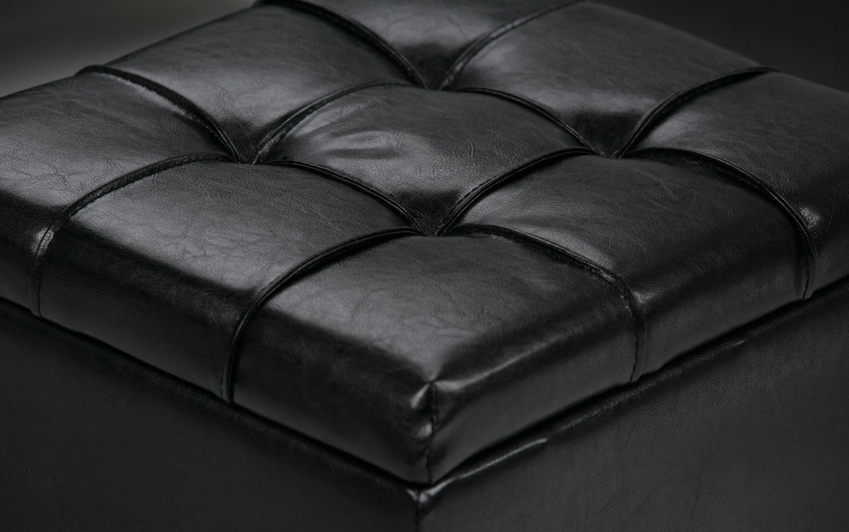 Midnight Black Vegan Leather | Dover 3 piece Vegan Leather Storage Ottoman