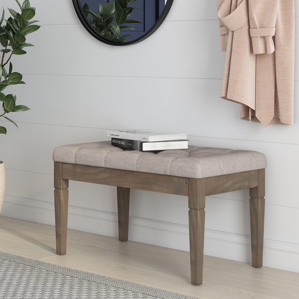 Natural | Waverly Small Tufted Ottoman Bench in Linen