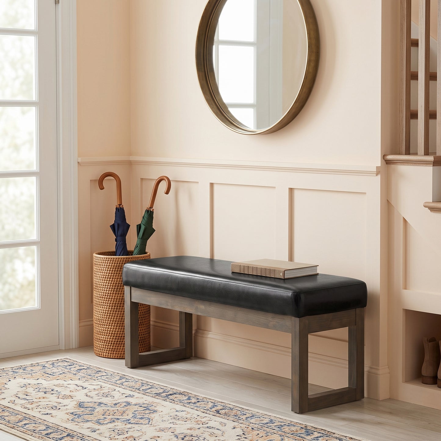 Midnight Black Vegan Leather | Milltown Large Ottoman Bench in Vegan Leather
