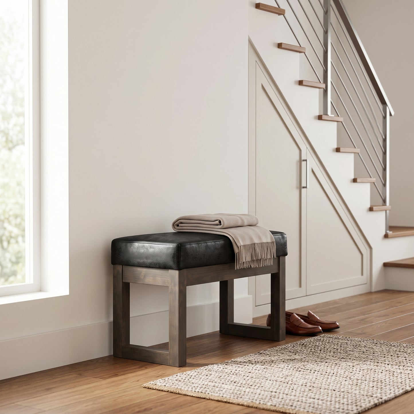 Distressed Black Distressed Vegan Leather | Milltown Footstool Small Ottoman Bench