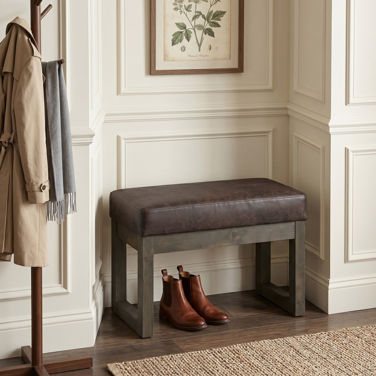 Distressed Dark Brown Distressed Vegan Leather | Milltown Footstool Small Ottoman Bench