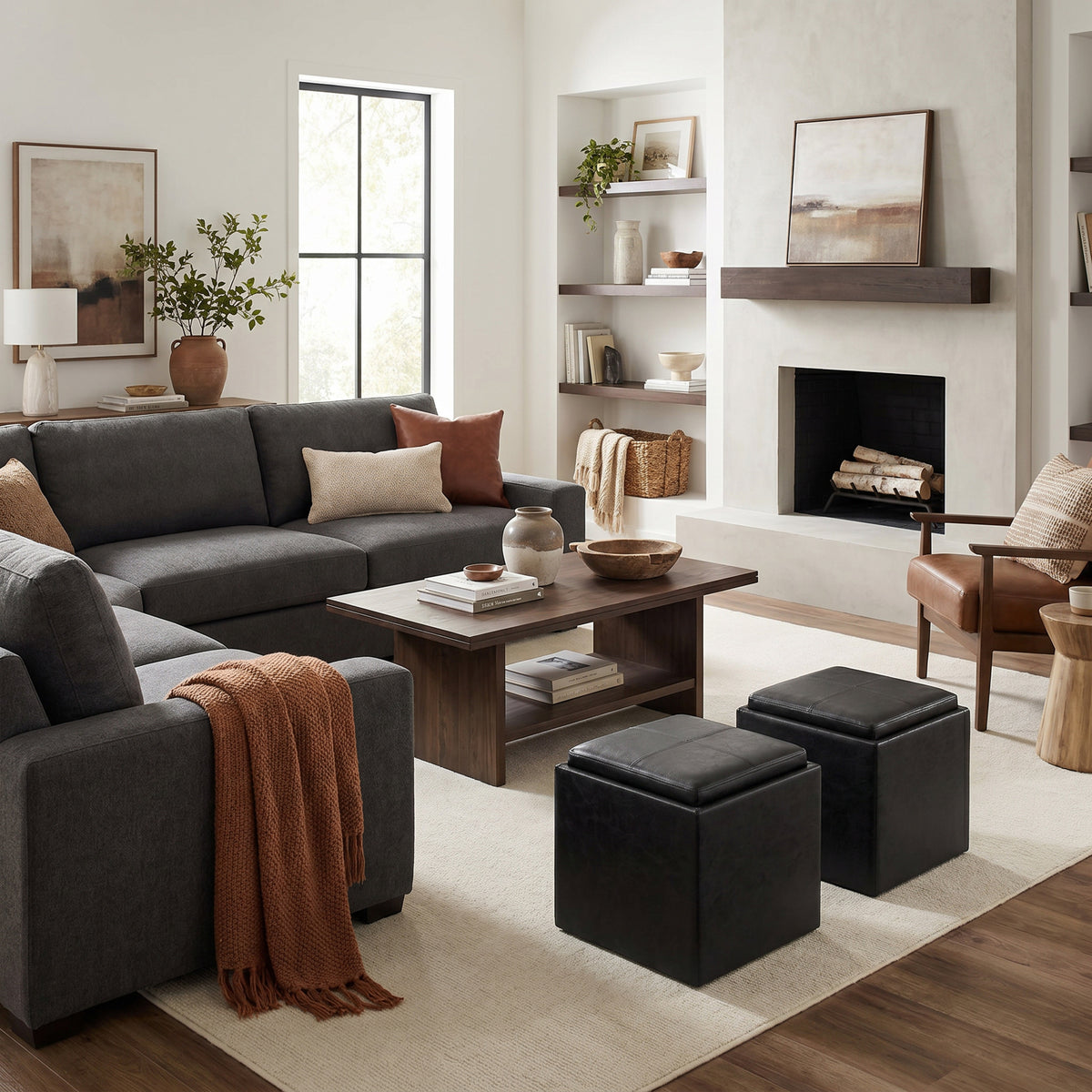 Distressed Black Distressed Vegan Leather | Rockwood Vegan Leather Cube Storage Ottoman with Tray