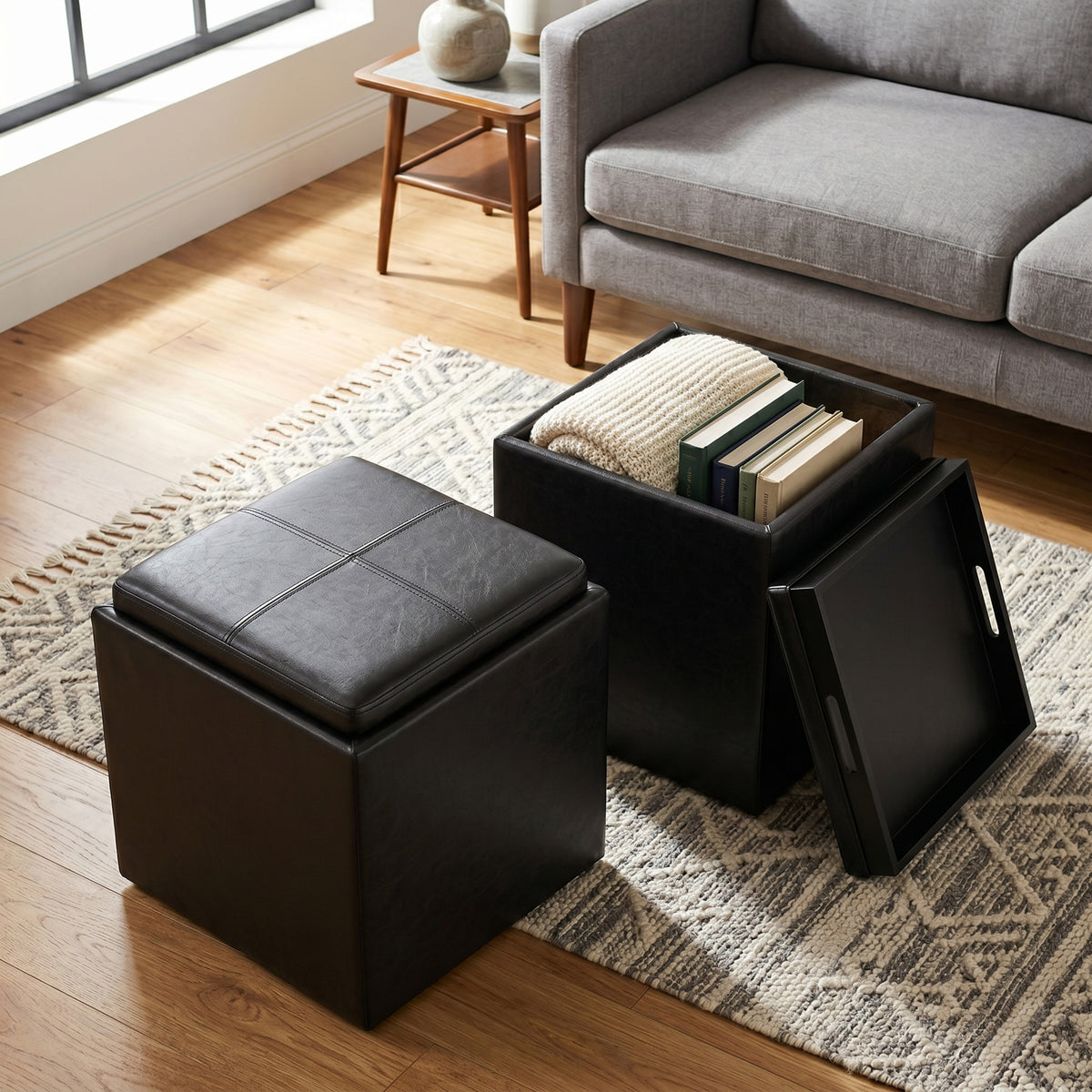 Distressed Black Distressed Vegan Leather | Rockwood Vegan Leather Cube Storage Ottoman with Tray