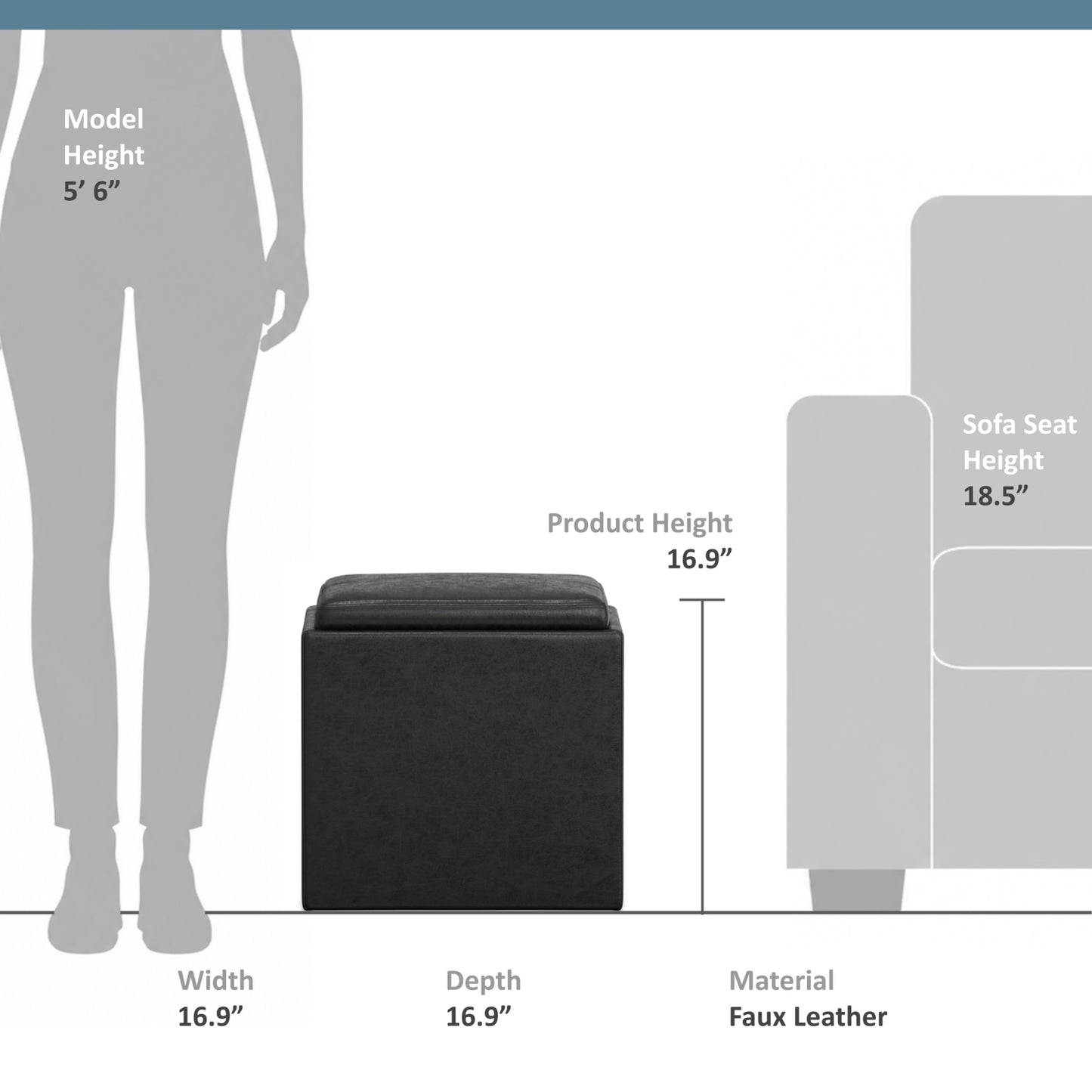 Distressed Black Distressed Vegan Leather | Rockwood Vegan Leather Cube Storage Ottoman with Tray