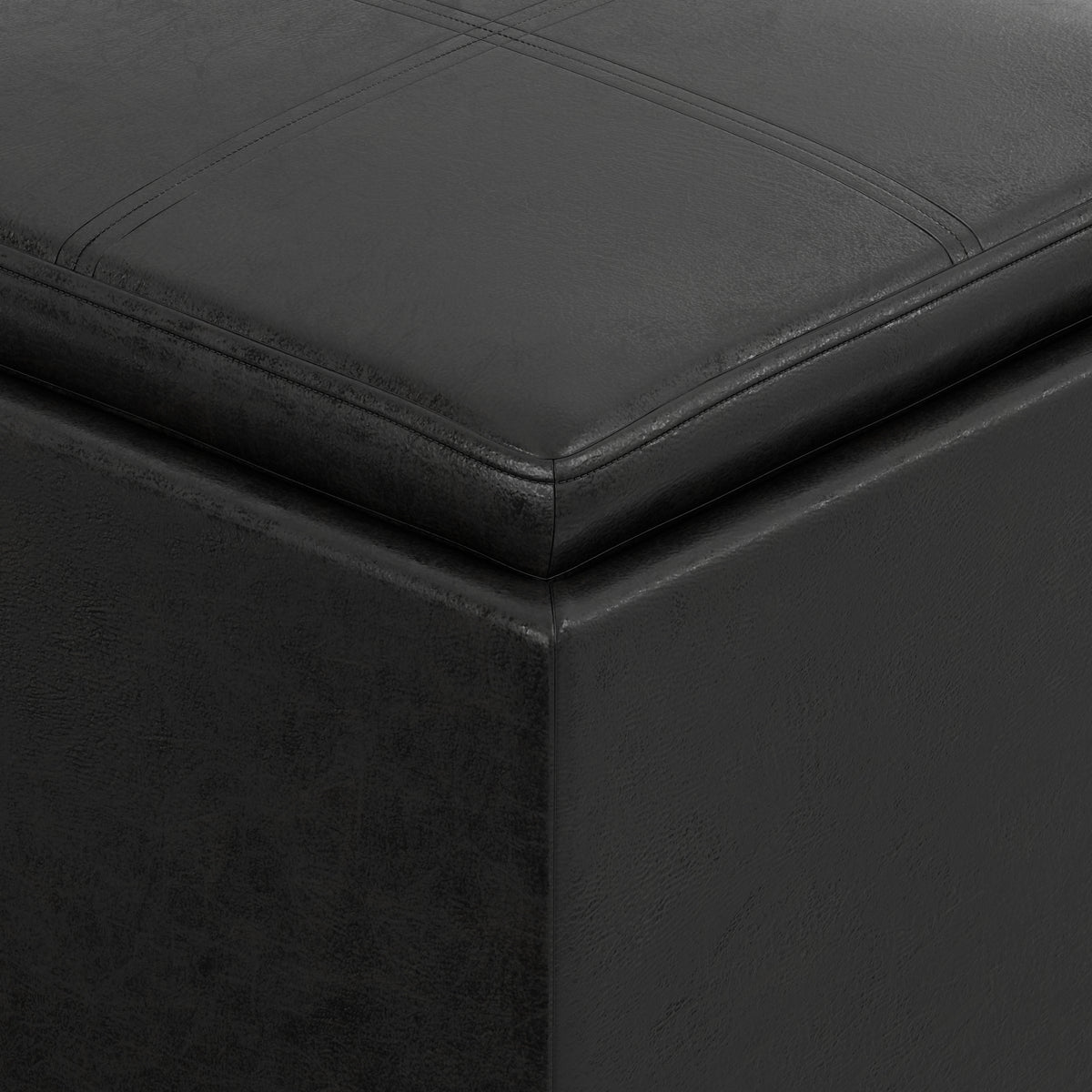 Distressed Black Distressed Vegan Leather | Rockwood Vegan Leather Cube Storage Ottoman with Tray