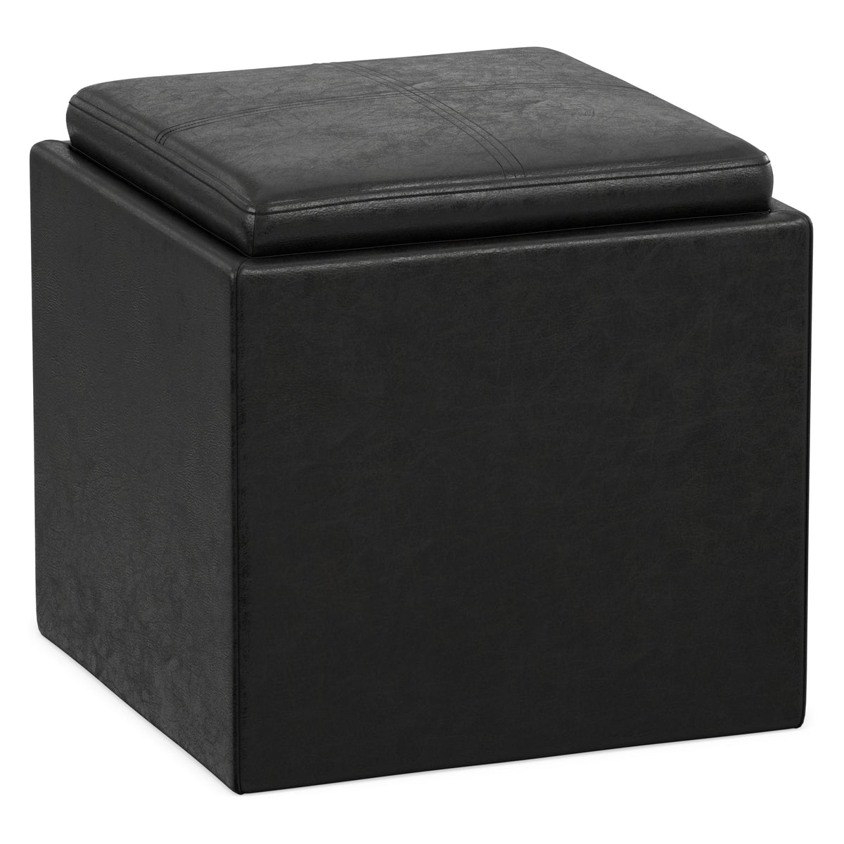 Distressed Black Distressed Vegan Leather | Rockwood Vegan Leather Cube Storage Ottoman with Tray