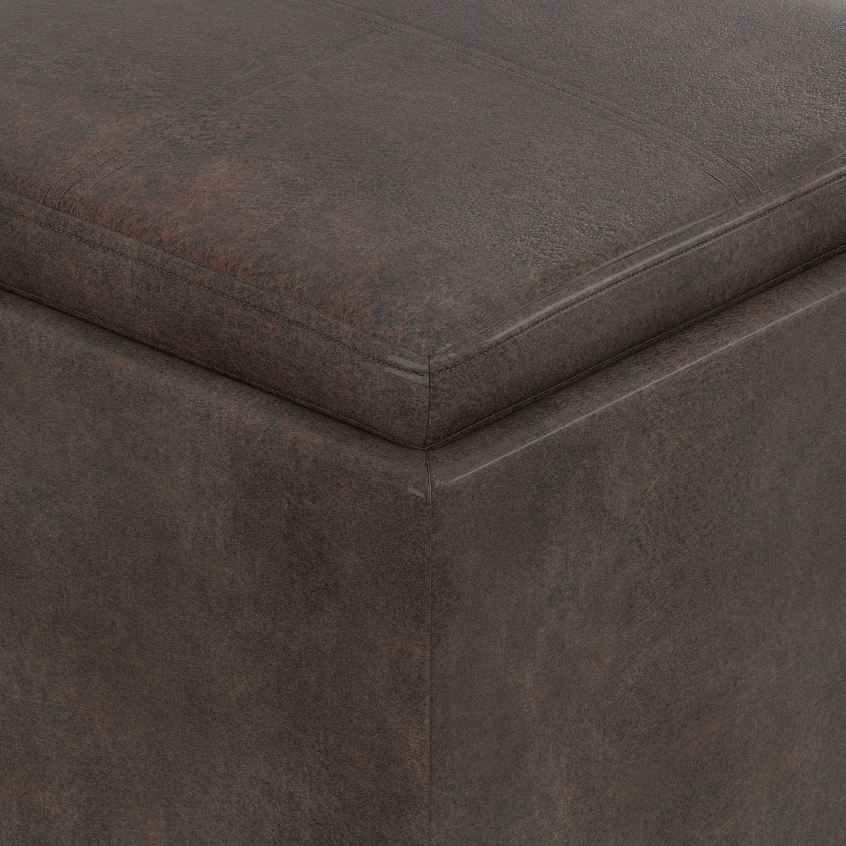 Distressed Chestnut Brown Distressed Vegan Leather | Rockwood Vegan Leather Cube Storage Ottoman with Tray