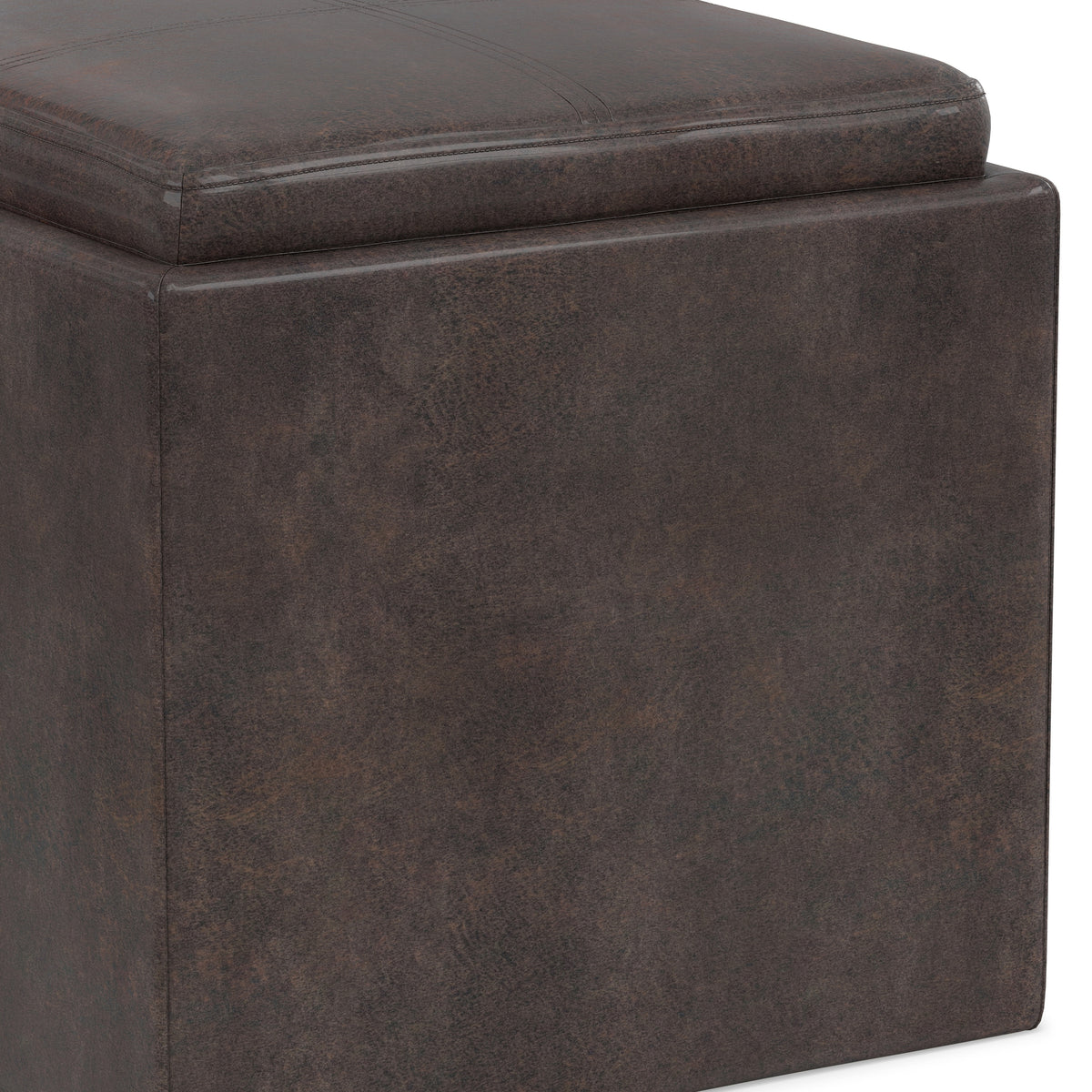 Distressed Chestnut Brown Distressed Vegan Leather | Rockwood Vegan Leather Cube Storage Ottoman with Tray