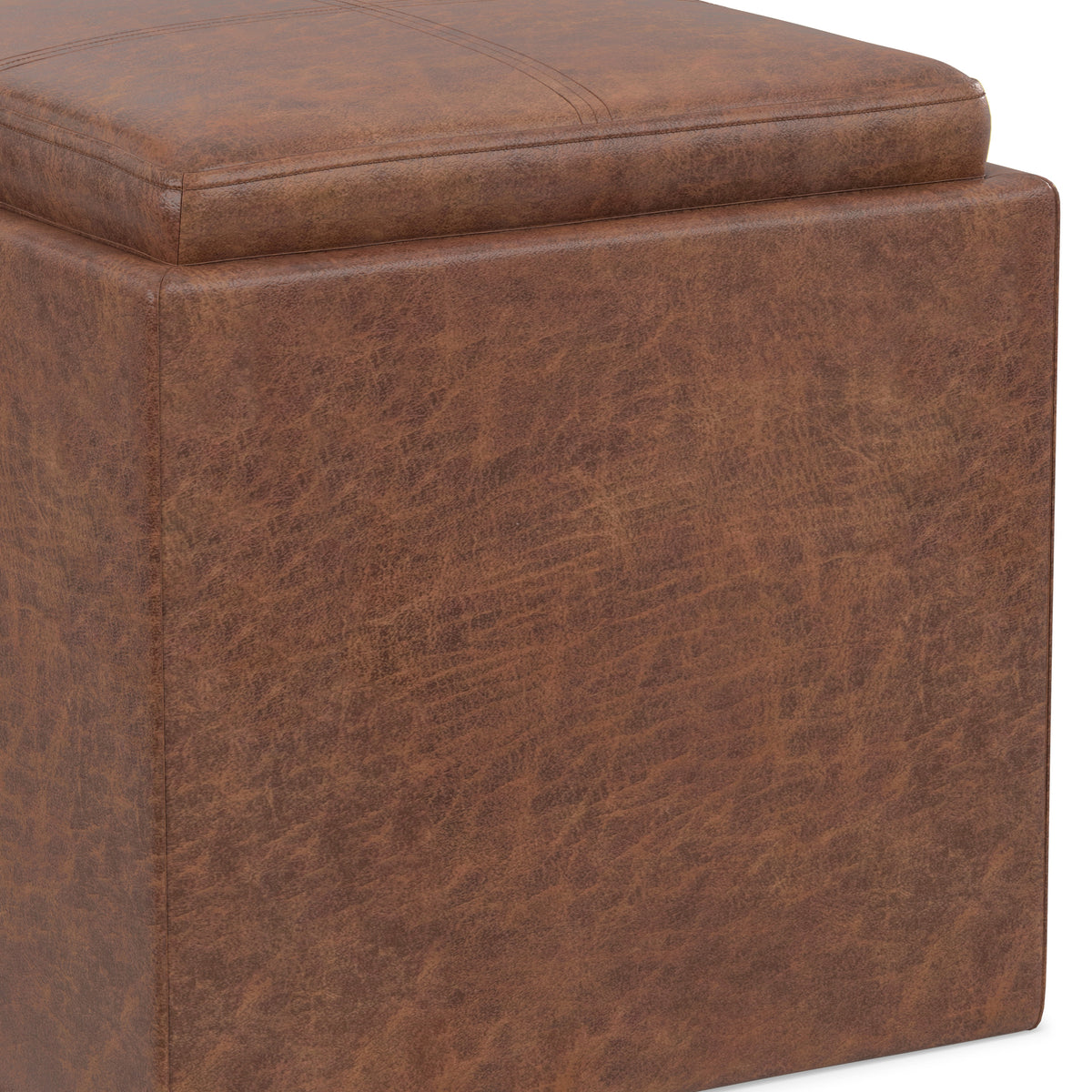 Distressed Saddle Brown Distressed Vegan Leather | Rockwood Vegan Leather Cube Storage Ottoman with Tray