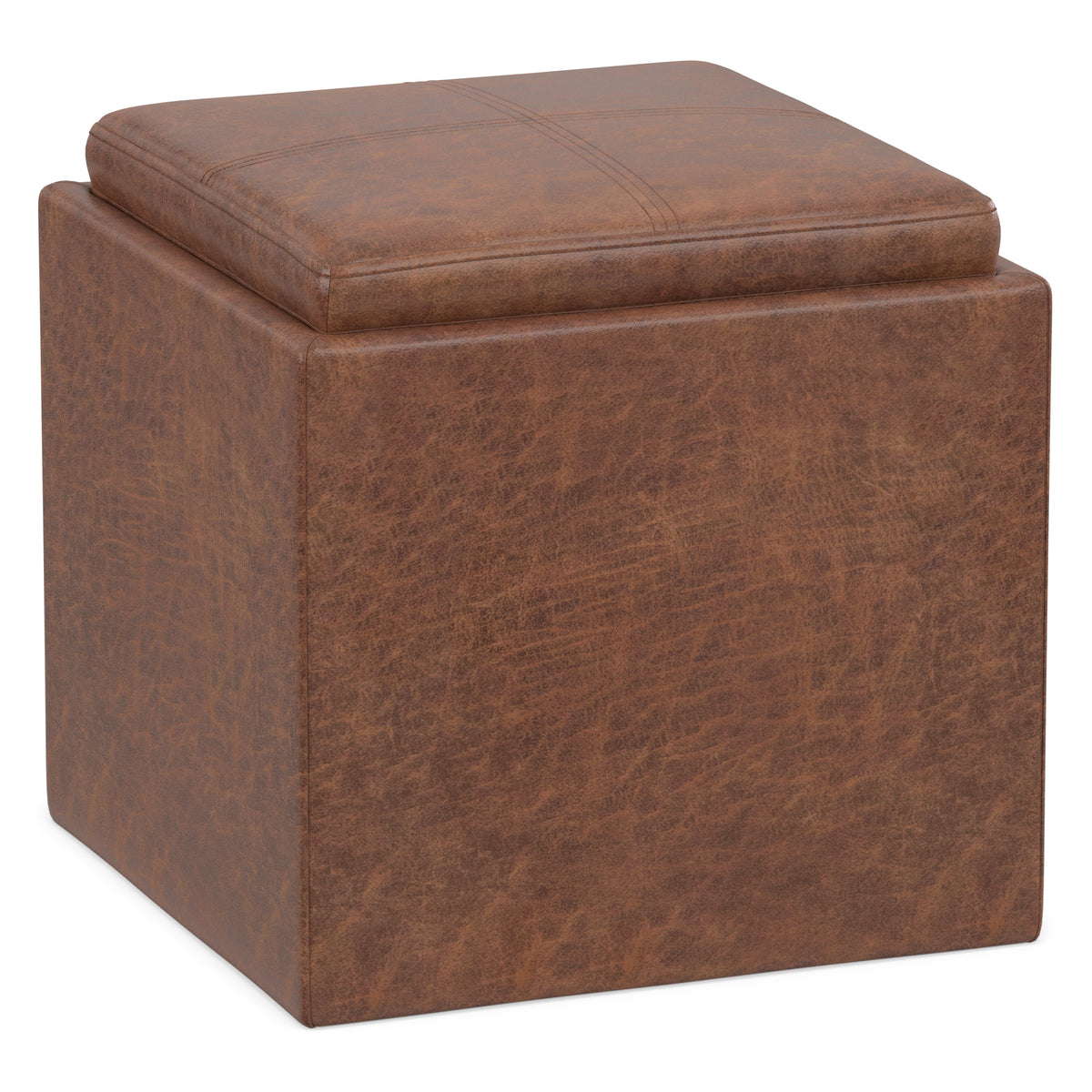 Distressed Saddle Brown Distressed Vegan Leather | Rockwood Vegan Leather Cube Storage Ottoman with Tray