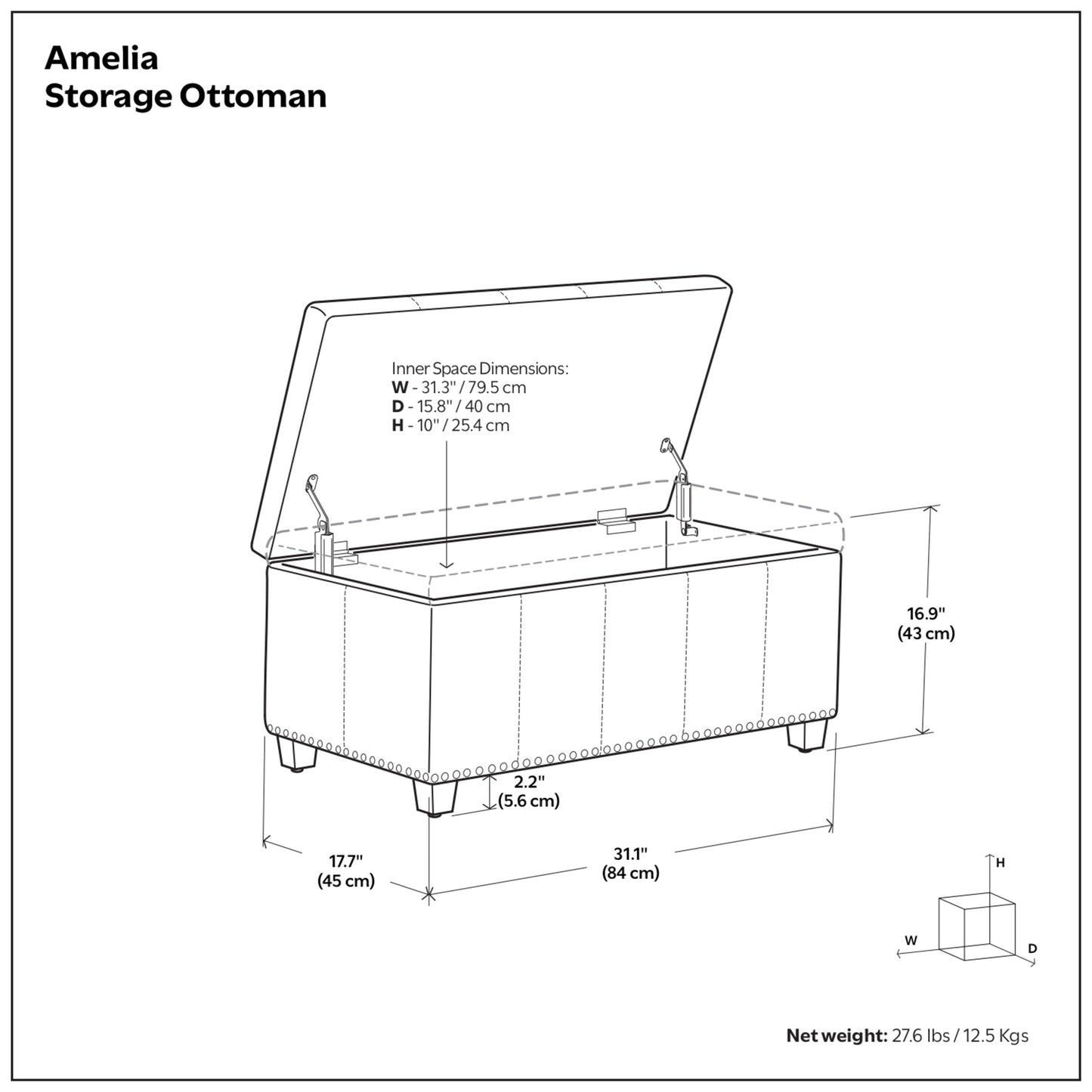 Stone Grey Vegan Leather | Amelia Storage Ottoman Bench