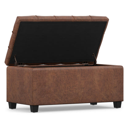 Distressed Saddle Brown Distressed Vegan Leather | Sienna Storage Ottoman in Distressed Vegan Leather