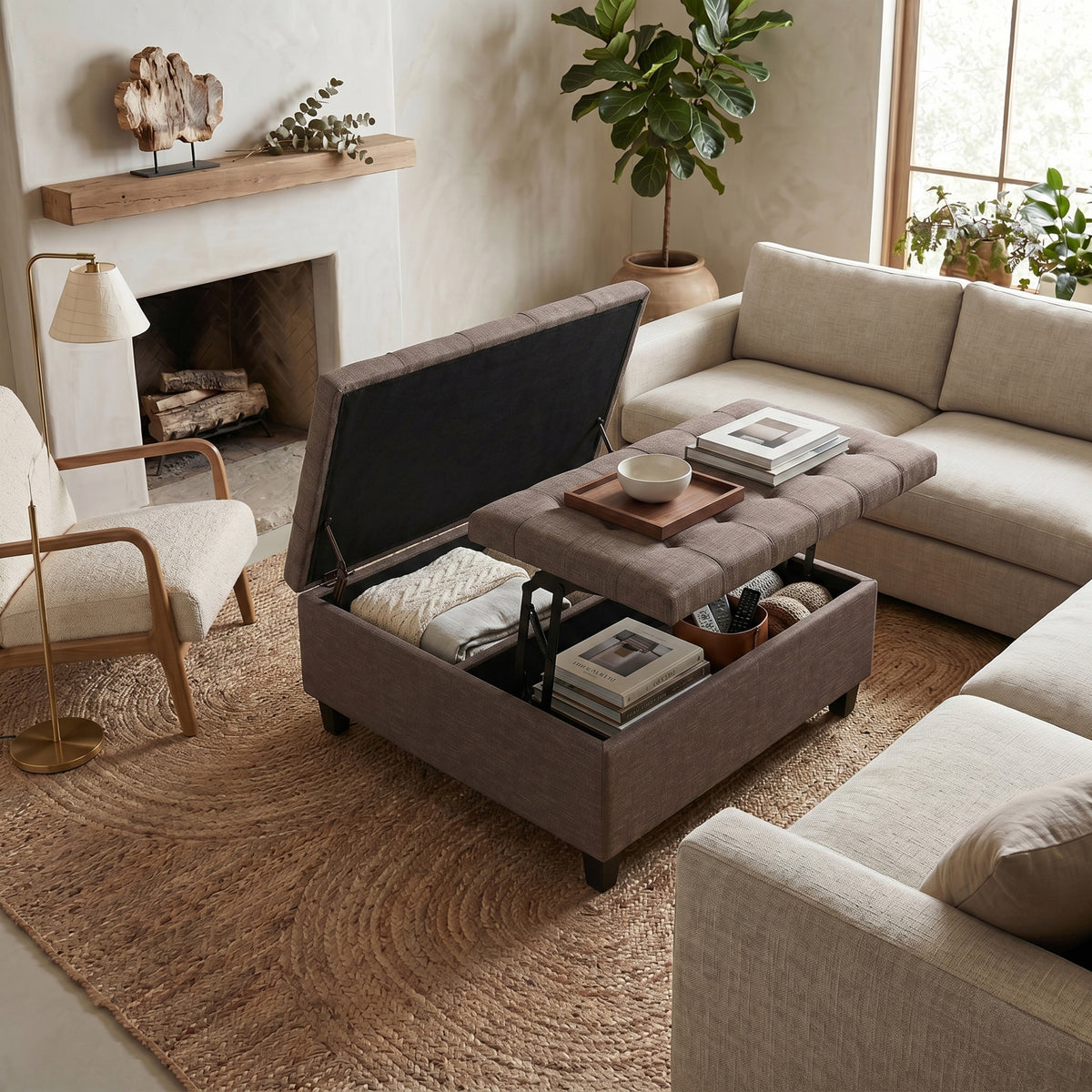 Fawn Brown Linen Style Fabric | Harrison Coffee Table Storage Ottoman