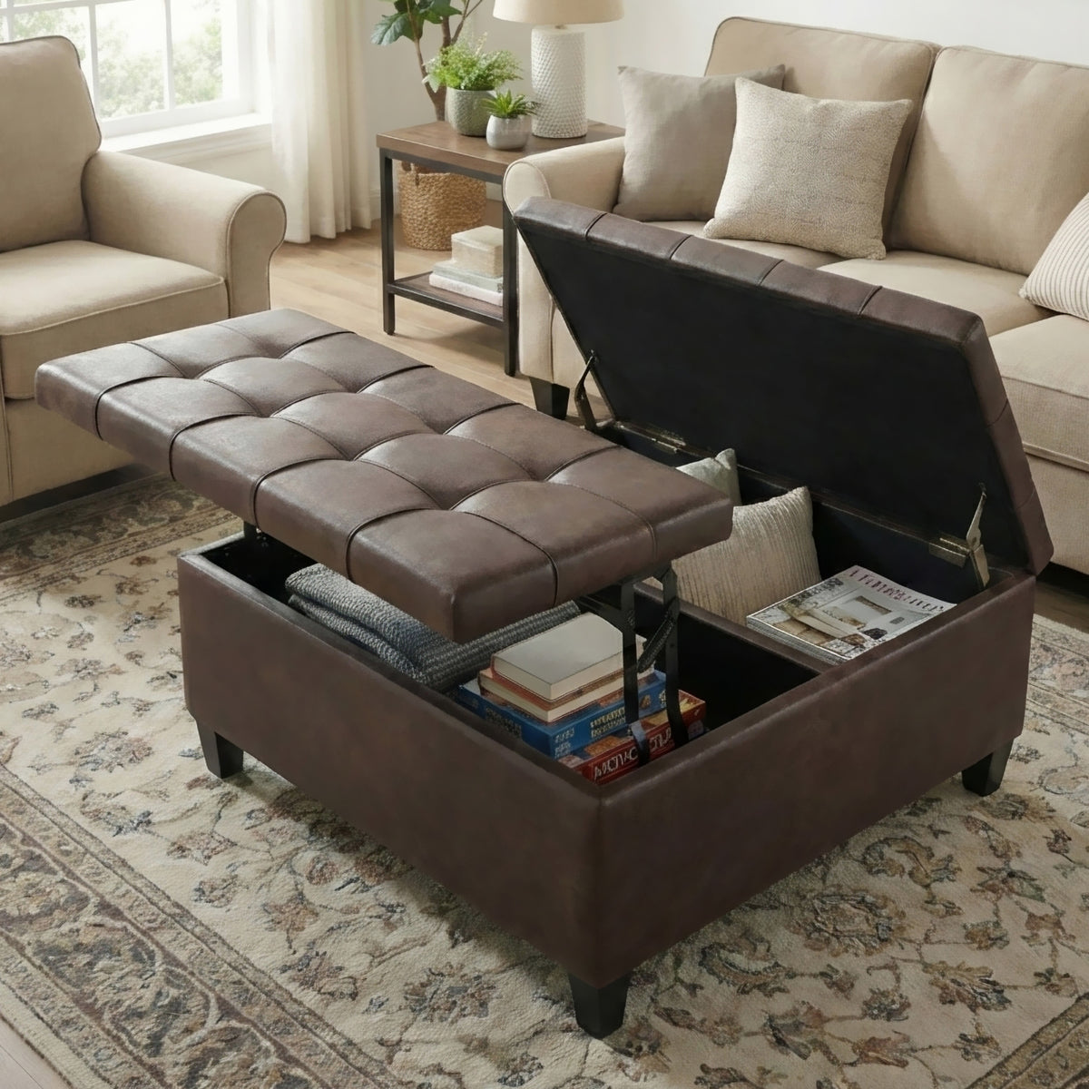 Distressed Brown Distressed Vegan Leather | Harrison Coffee Table Storage Ottoman