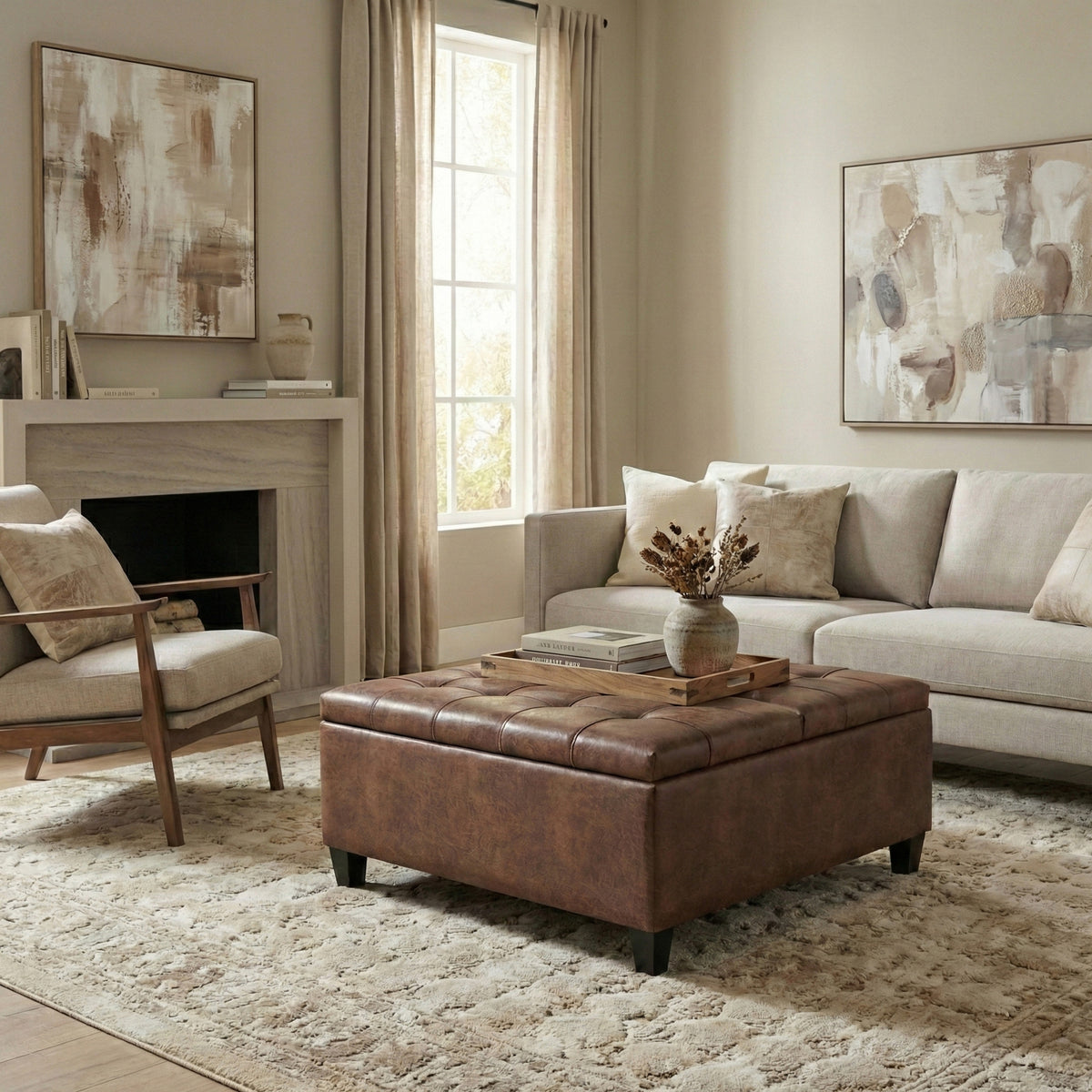 Distressed Saddle Brown Distressed Vegan Leather | Harrison Coffee Table Storage Ottoman
