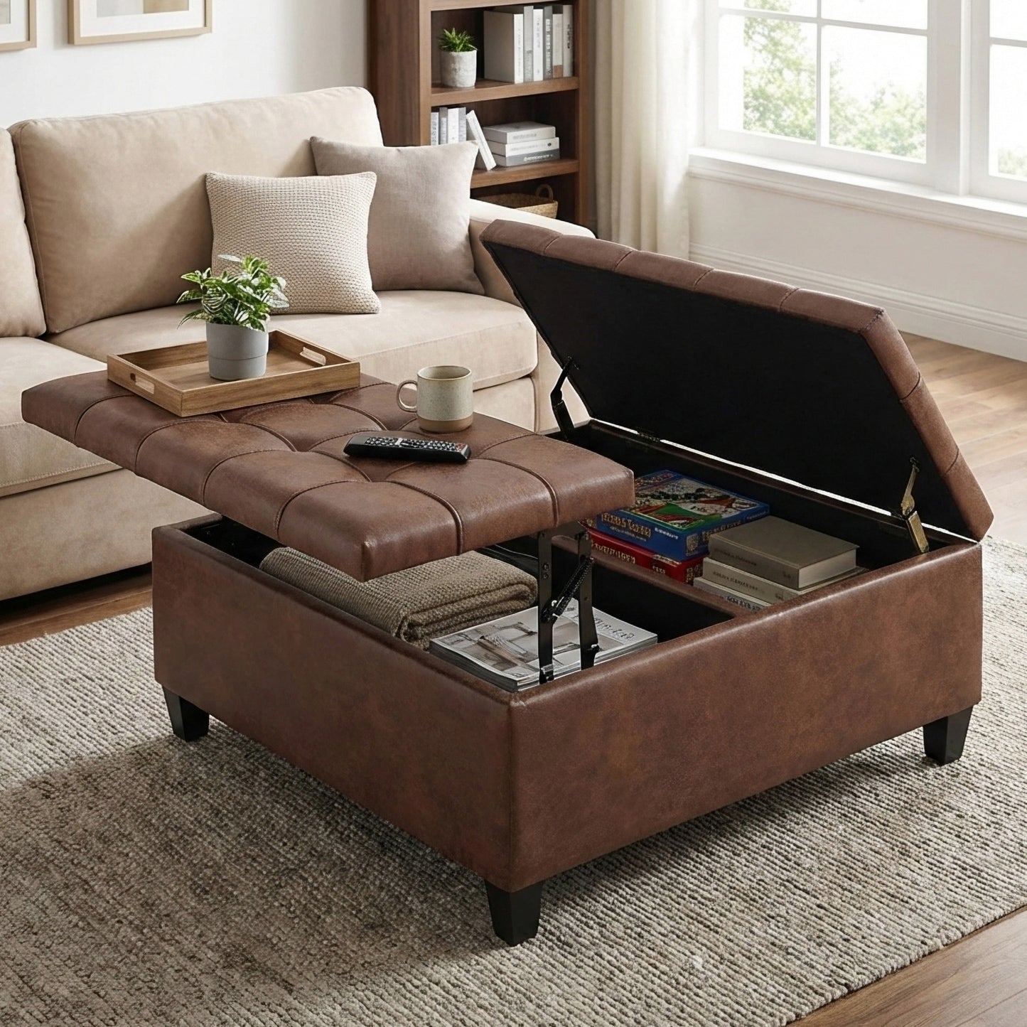 Distressed Saddle Brown Distressed Vegan Leather | Harrison Coffee Table Storage Ottoman