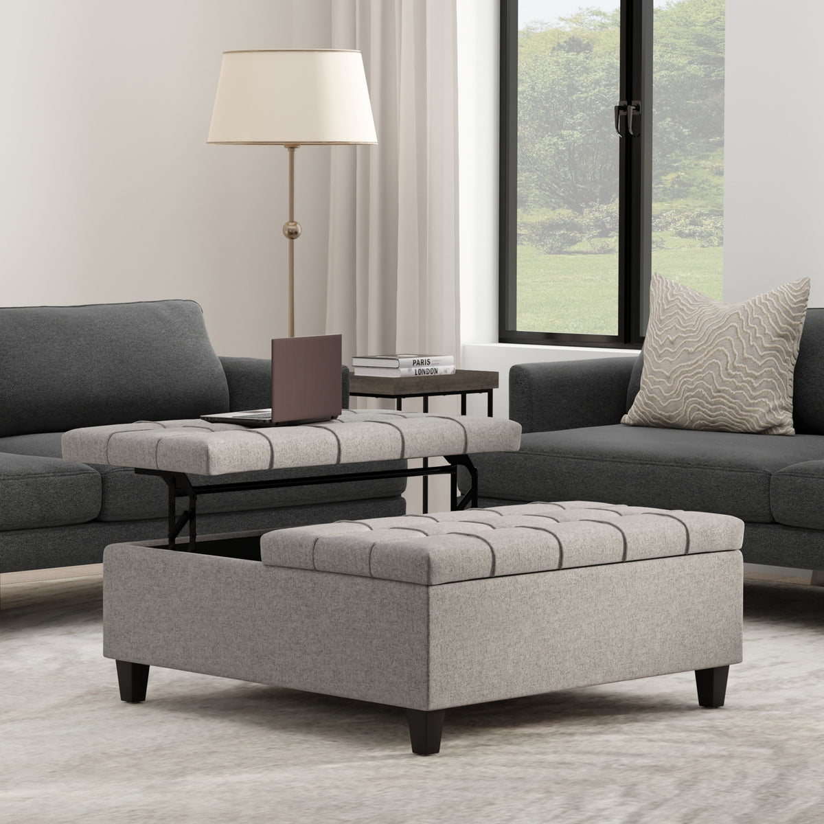Cloud Grey Linen Style Fabric | Harrison Large Square Coffee Table Storage Ottoman in Linen