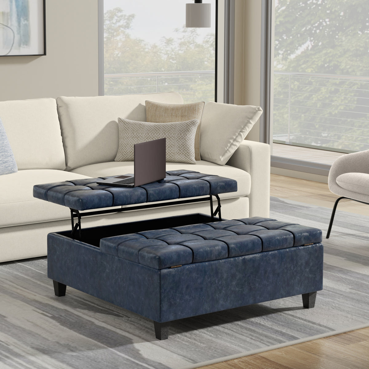 Denim Blue Vegan Leather | Harrison Large Square Coffee Table Storage Ottoman