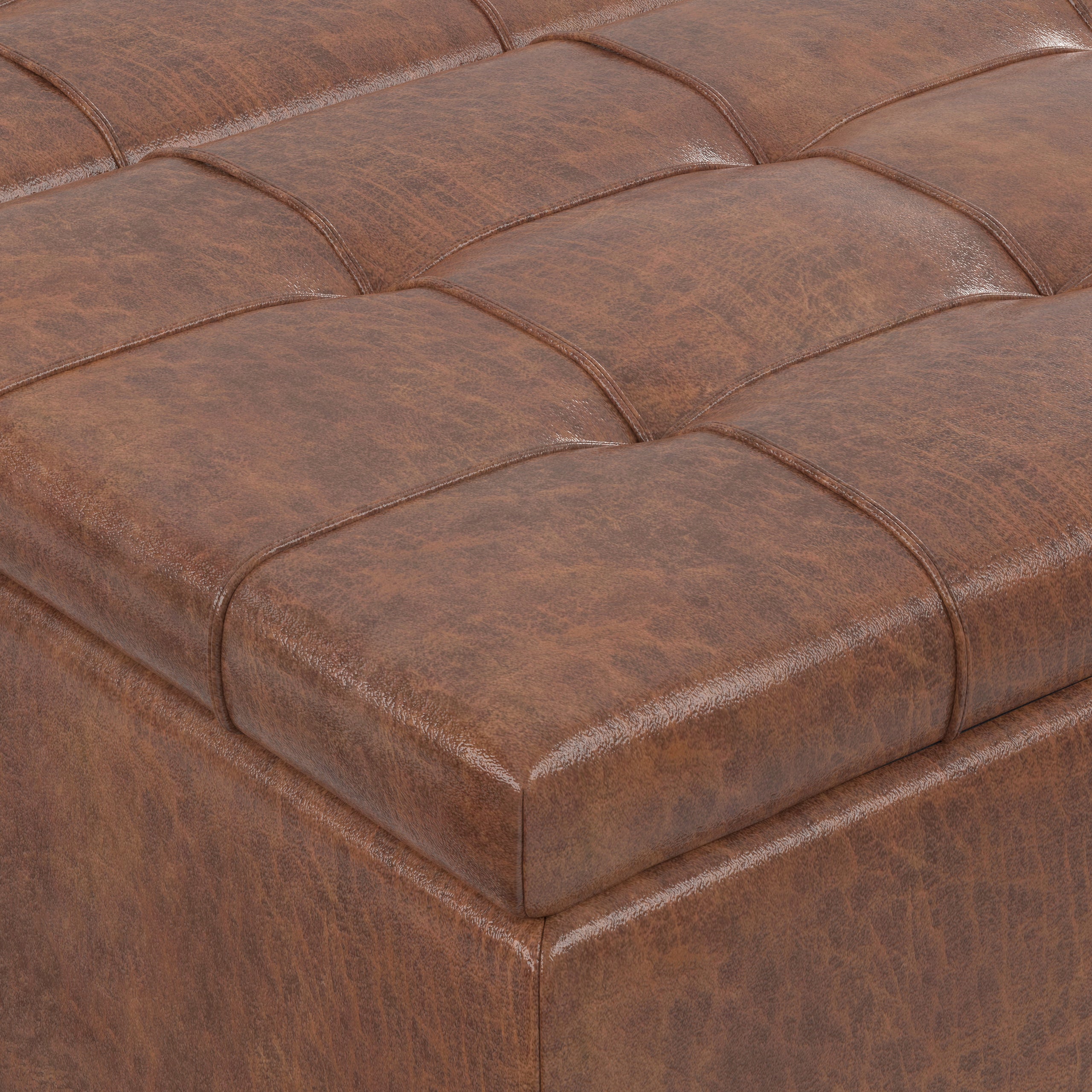 Distressed Saddle Brown Distressed Vegan Leather | Harrison Large Square Coffee Table Storage Ottoman