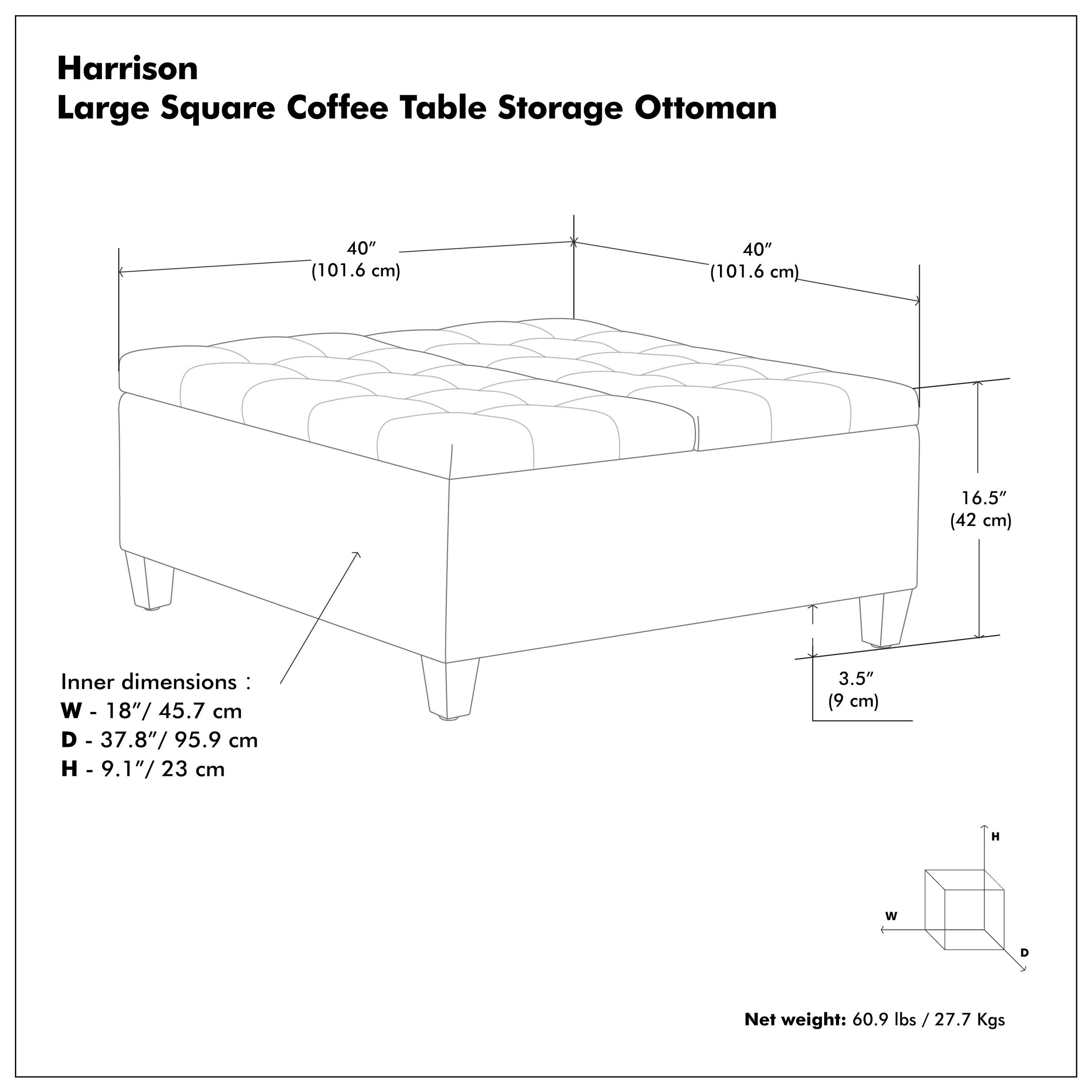 Ebony Tweed Style Fabric | Harrison Large Square Coffee Table Storage Ottoman in Tweed Style Fabric