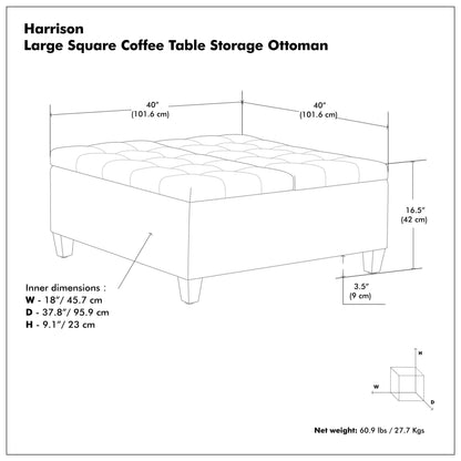 Ebony Tweed Style Fabric | Harrison Large Square Coffee Table Storage Ottoman in Tweed Style Fabric