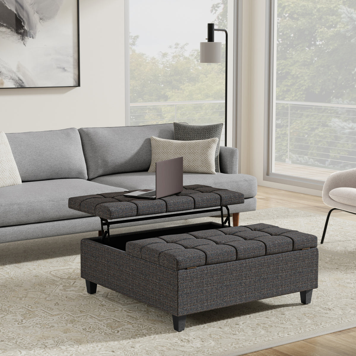 Ebony Tweed Style Fabric | Harrison Large Square Coffee Table Storage Ottoman in Tweed Style Fabric