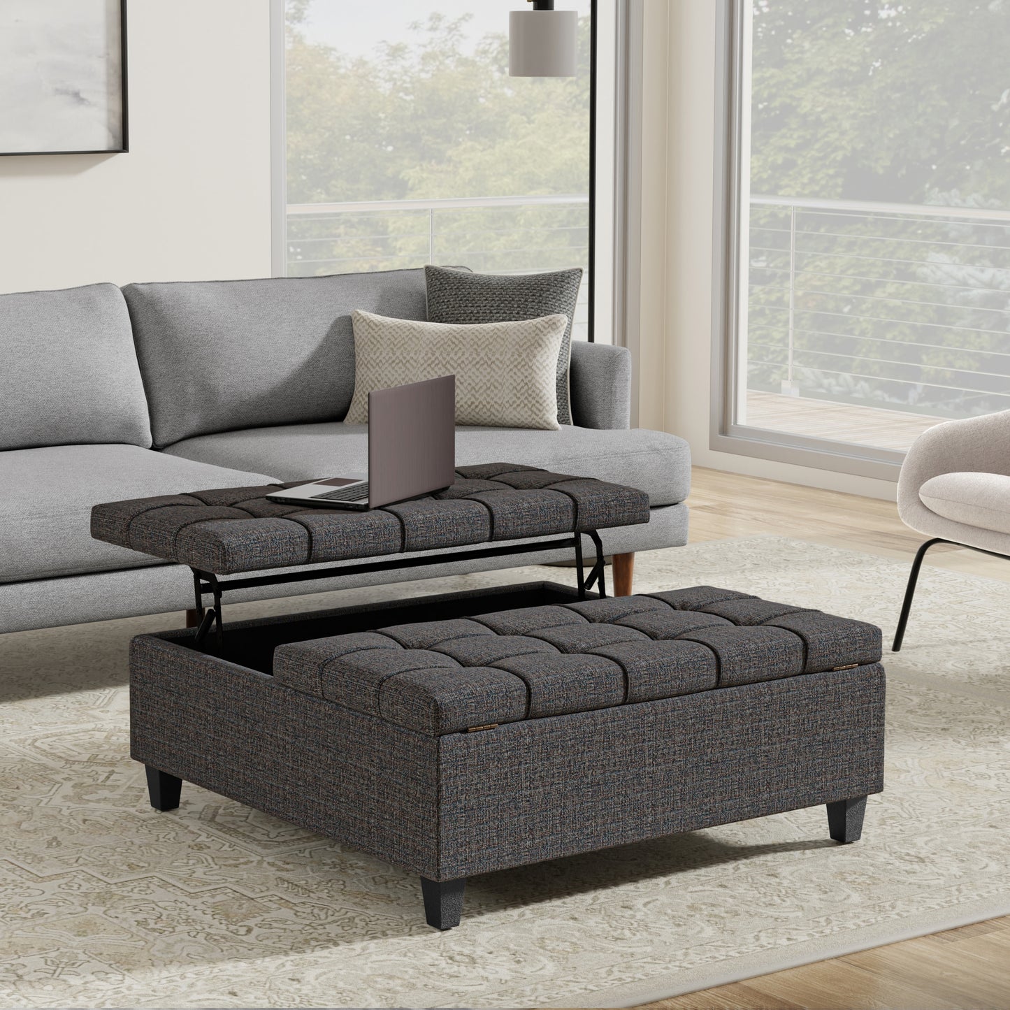 Ebony Tweed Style Fabric | Harrison Large Square Coffee Table Storage Ottoman in Tweed Style Fabric