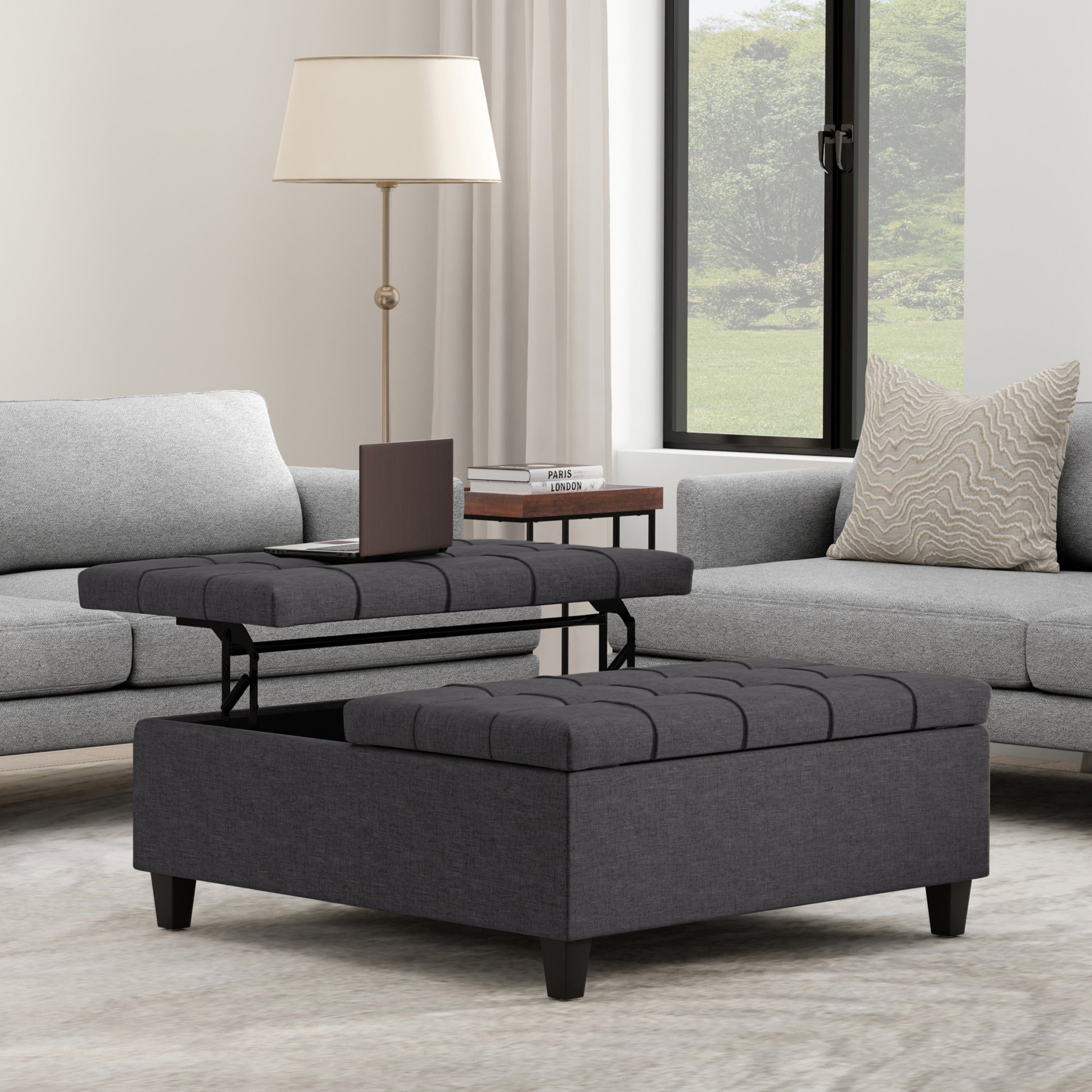 Slate Grey Linen Style Fabric | Harrison Large Square Coffee Table Storage Ottoman in Linen