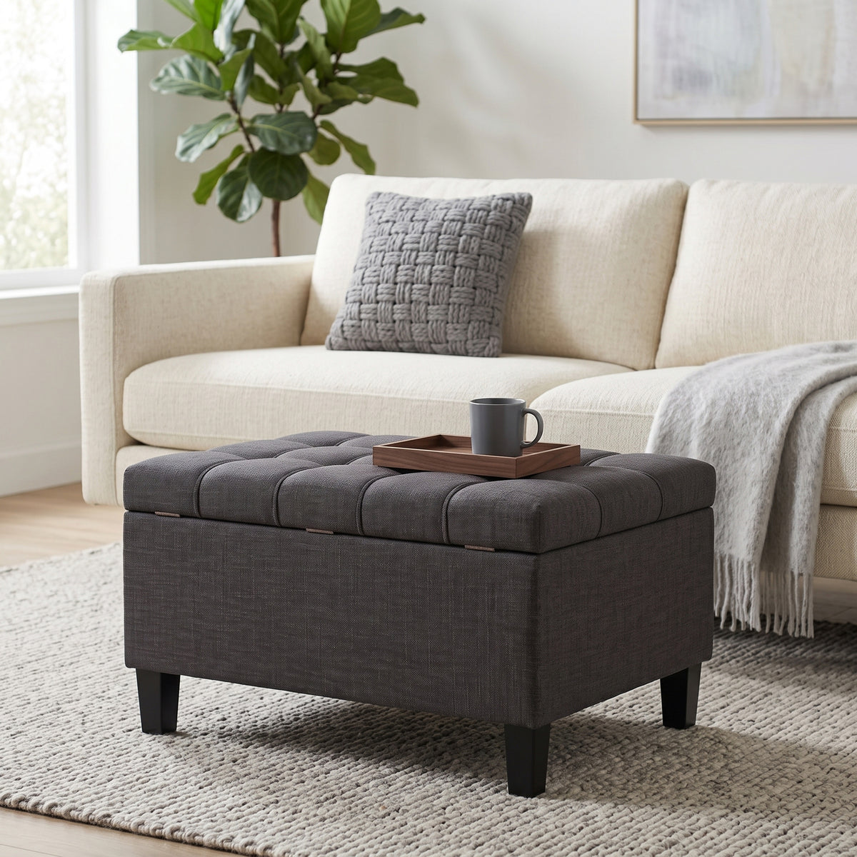 Slate Grey Linen Style Fabric | Harrison Small Coffee Table Ottoman in Linen