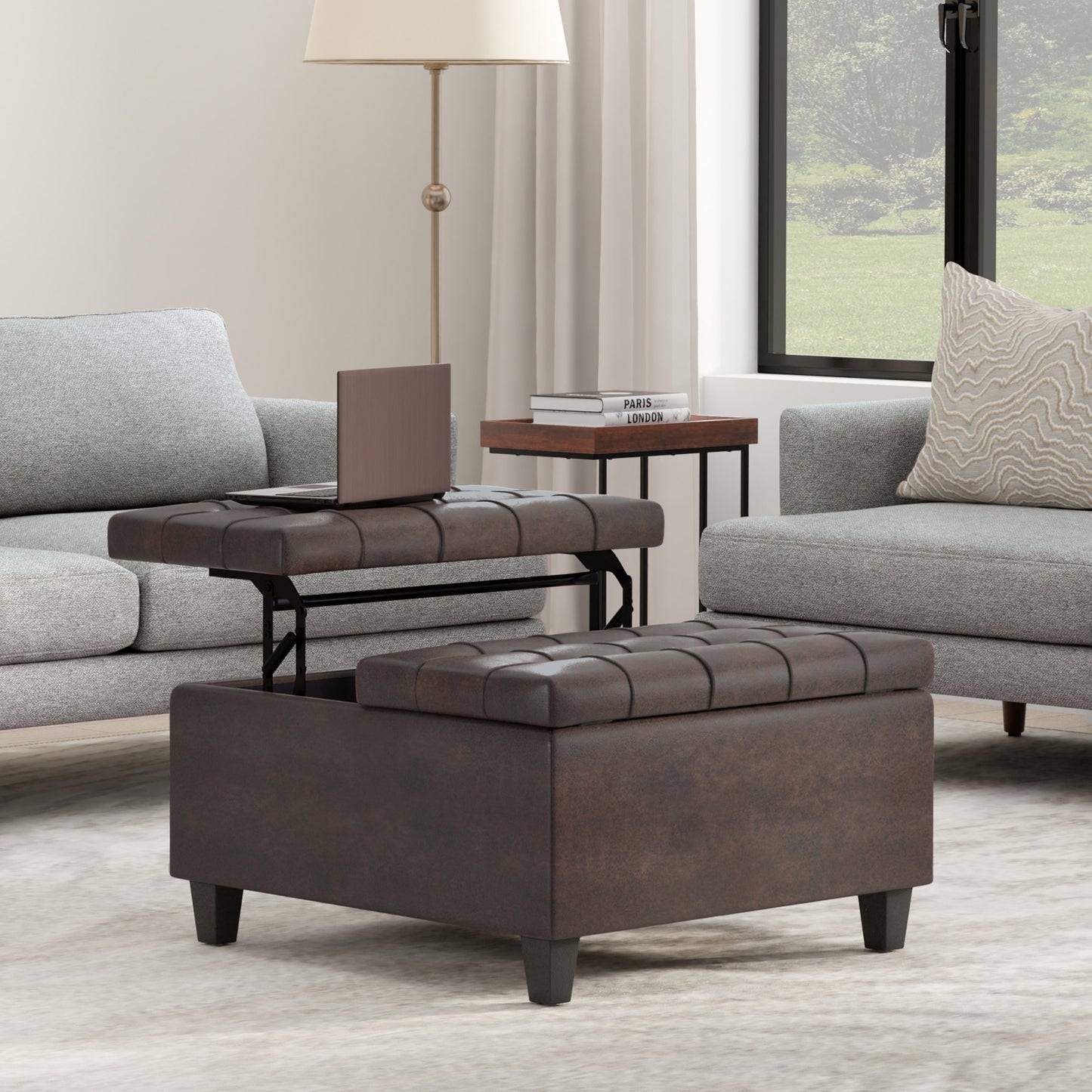 Distressed Brown Distressed Vegan Leather | Harrison Small Square Coffee Table Storage Ottoman in Distressed Vegan Leather
