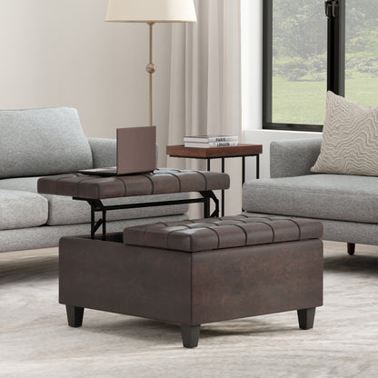 Distressed Brown Distressed Vegan Leather | Harrison Small Square Coffee Table Storage Ottoman in Distressed Vegan Leather