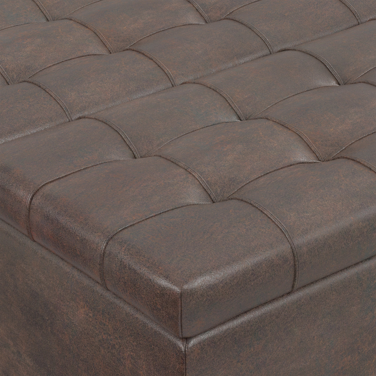 Distressed Brown Distressed Vegan Leather | Harrison Small Square Coffee Table Storage Ottoman in Distressed Vegan Leather