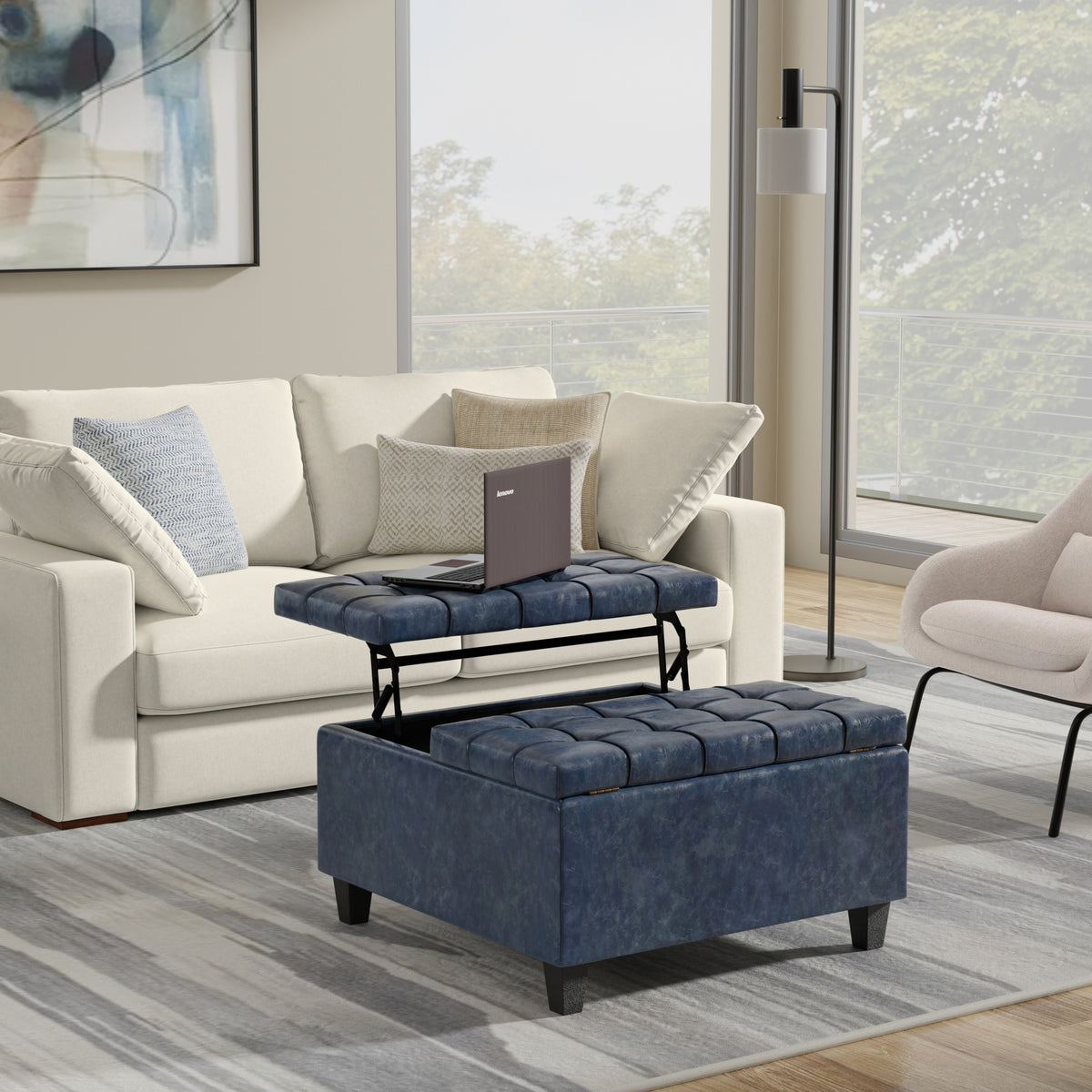 Denim Blue Vegan Leather | Harrison Small Square Coffee Table Storage Ottoman in Vegan Leather