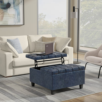 Denim Blue Vegan Leather | Harrison Small Square Coffee Table Storage Ottoman in Vegan Leather