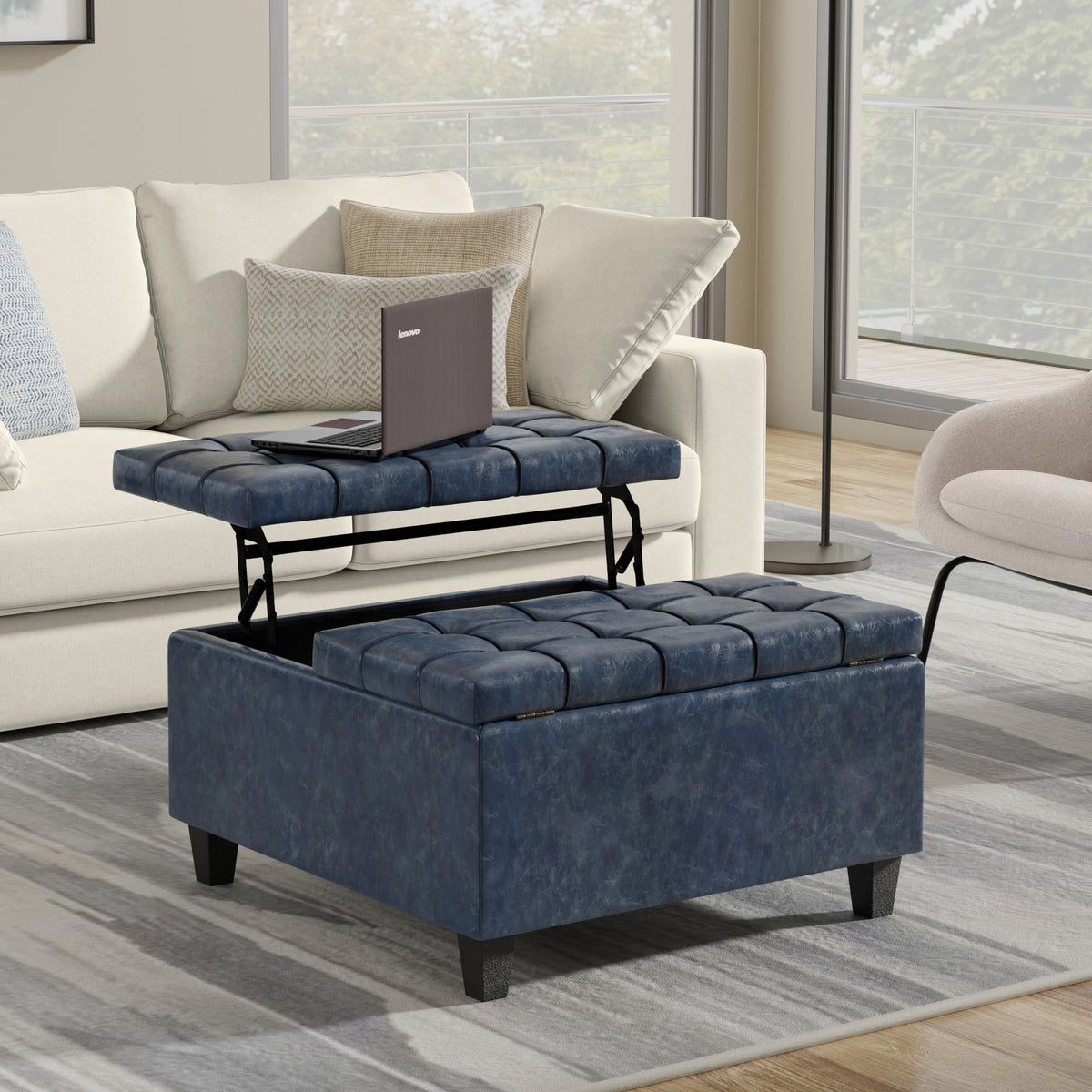 Denim Blue Vegan Leather | Harrison Small Square Coffee Table Storage Ottoman in Vegan Leather