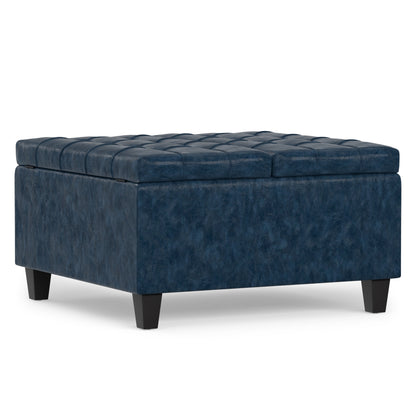 Denim Blue Vegan Leather | Harrison Small Square Coffee Table Storage Ottoman in Vegan Leather