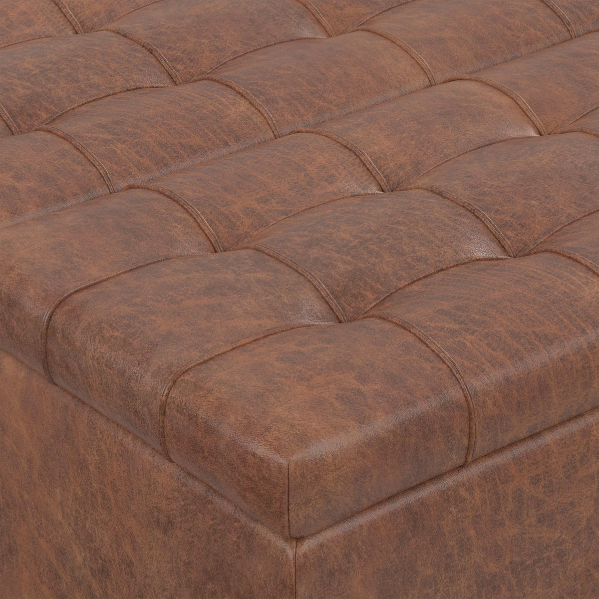 Distressed Saddle Brown Distressed Vegan Leather | Harrison Small Square Coffee Table Storage Ottoman in Distressed Vegan Leather