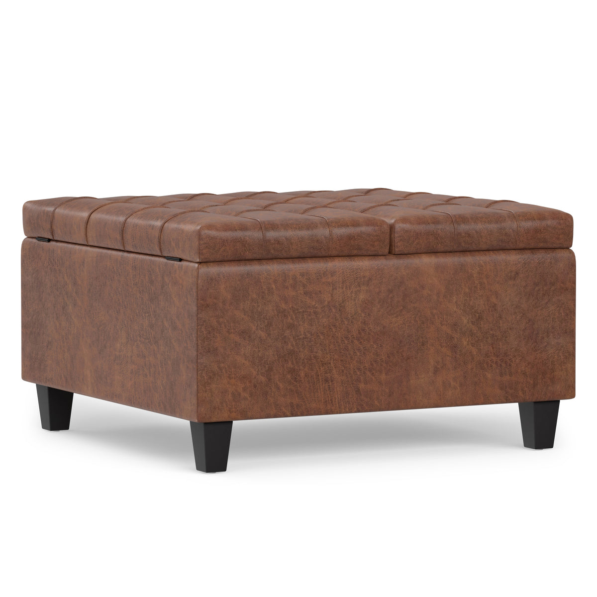 Distressed Saddle Brown Distressed Vegan Leather | Harrison Small Square Coffee Table Storage Ottoman in Distressed Vegan Leather