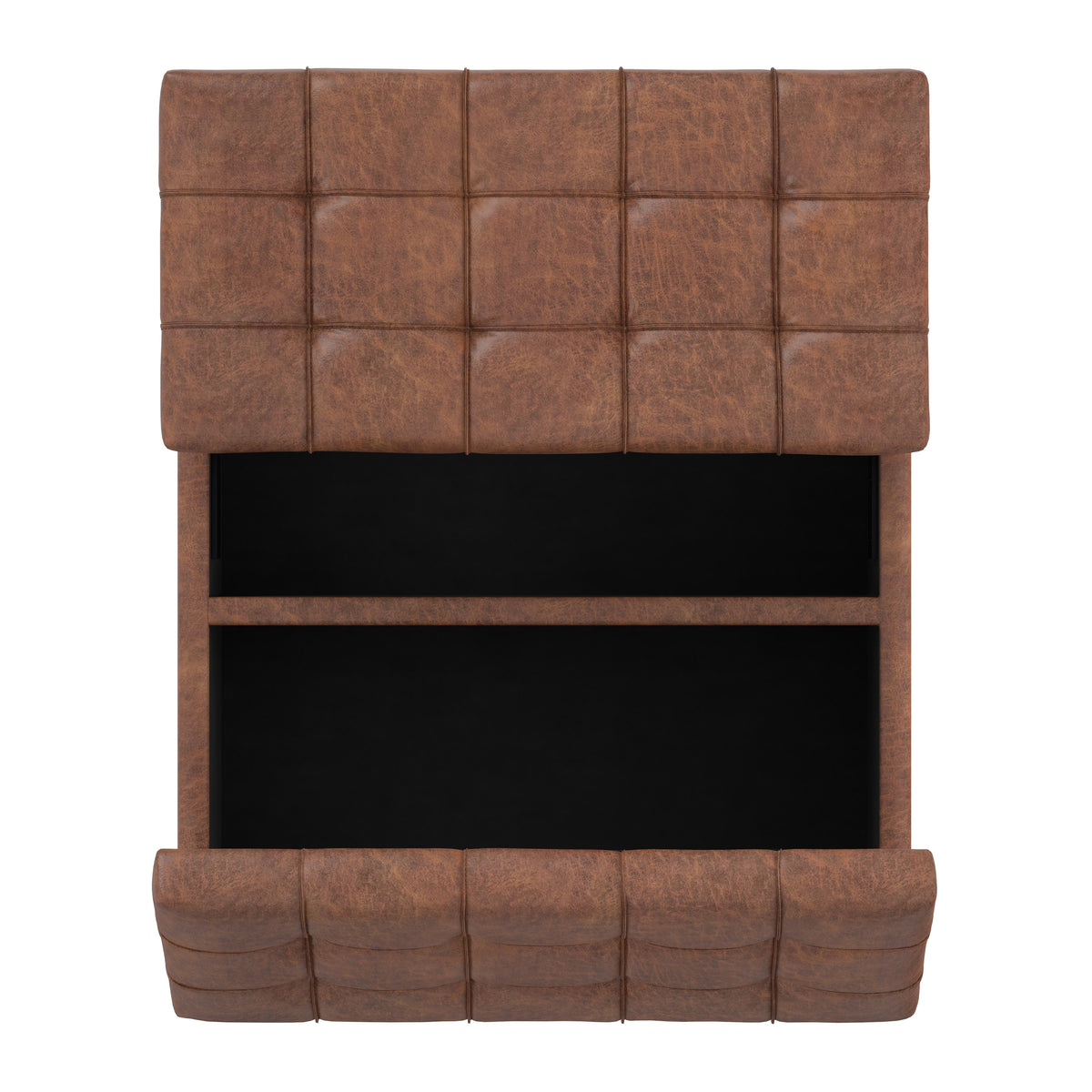 Distressed Saddle Brown Distressed Vegan Leather | Harrison Small Square Coffee Table Storage Ottoman in Distressed Vegan Leather