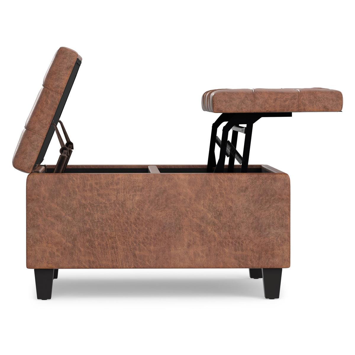 Distressed Saddle Brown Distressed Vegan Leather | Harrison Small Square Coffee Table Storage Ottoman in Distressed Vegan Leather