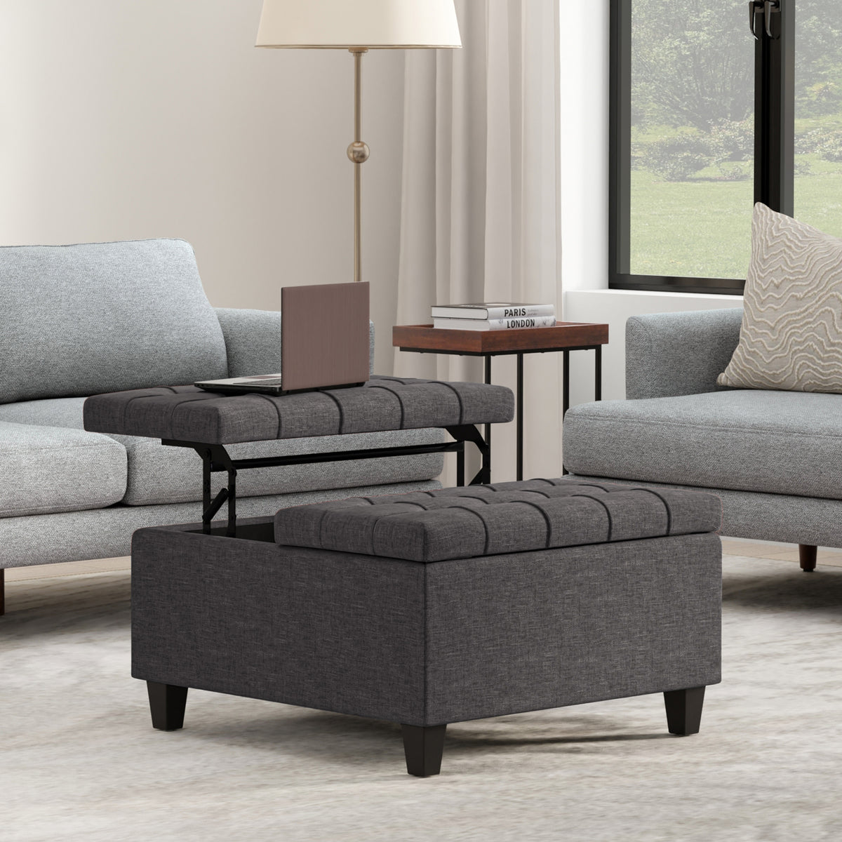 Slate Grey Linen Style Fabric | Harrison Small Square Coffee Table Storage Ottoman