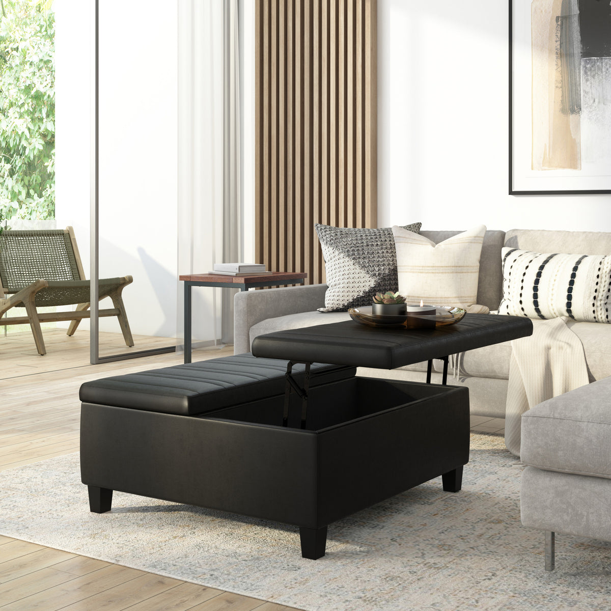 Distressed Black Distressed Vegan Leather | Ellis Table Ottoman in Distressed Vegan Leather