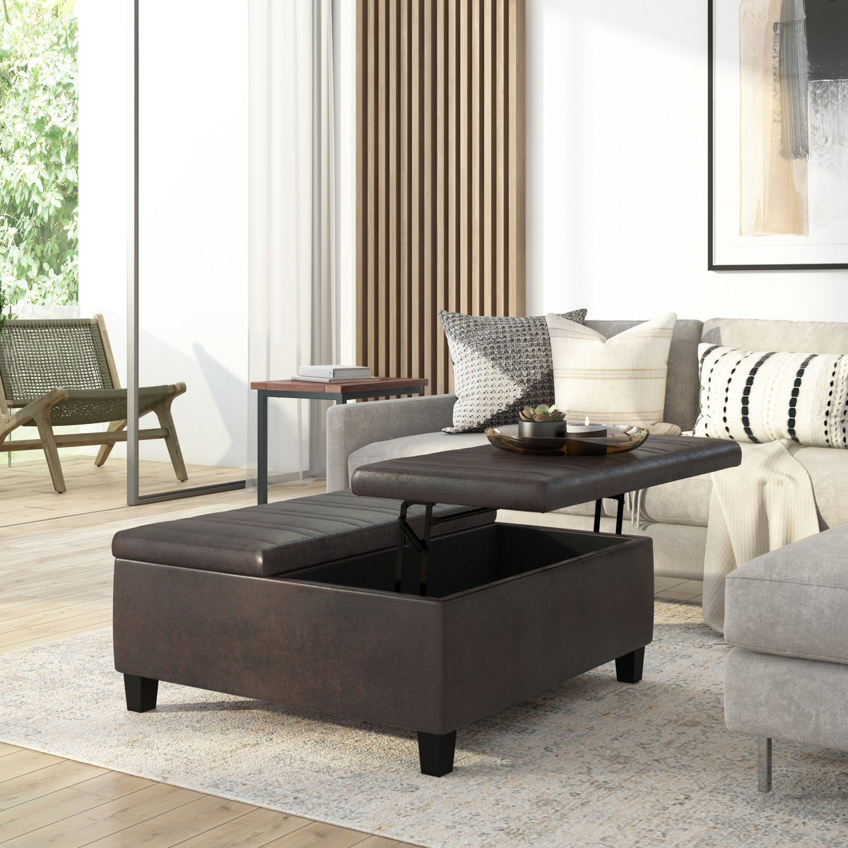 Distressed Brown Distressed Vegan Leather | Ellis Table Ottoman in Distressed Vegan Leather